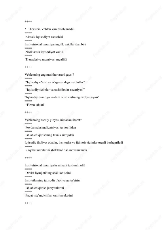 tilgan? ==== 1937-yil ==== 1944-yil ==== 1950-yil ==== 1960-yil ++++ nash muvozanati tushunchasini kim kiritgan? ==== djon nesh ==== oskar morgenshtern ==== reynxard selten ==== jon s. xarsani ++++ nash muvozanati nimani anglatadi? ==== hech bir ishtirokchi strategiyasini o‘zgartirib foyda topa olmaydigan holatni ==== barcha ishtirokchilar bir xil foyda oladigan holatni ==== raqobatsiz o‘yinni ==== faqat hamkorlikni ++++ dominant strategiya deganda nima tushuniladi? ==== har qanday sharoitda eng foydali strategiya ==== eng ko‘p foyda keltiruvchi yagona strategiya ==== hamkorlik strategiyasi ==== eng xavfli qaror ++++ o‘yin turlariga nimalar kiradi? ==== nollar yig‘indisi, kooperativ va kooperativ bo‘lmagan o‘yinlar ==== faqat kooperativ o‘yinlar ==== faqat raqobatli o‘yinlar ==== faqat dinamik o‘yinlar ++++ “nollar yig‘indisi o‘yini” deganda nima tushuniladi? ==== bir ishtirokchining yutug‘i boshqasining yutqazishiga teng bo‘lgan o‘yin ==== hamkorlikdagi o‘yin ==== barcha yutuvchi bo‘lgan o‘yin ==== to‘liq ma’lumotli o‘yin ++++ kooperativ o‘yinlarda ishtirokchilar nima qiladi? ==== mustaqil harakat qiladi ==== kelishuv asosida …