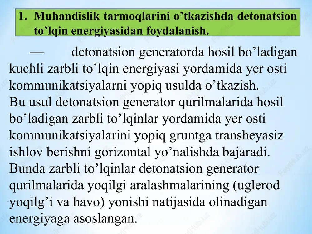 , tovon 2, ishchi silindr 3, chiqarish tirqishi 4, yonilg’i nasosi 5, yo’naltiruvchi silindr 6 va tayanch halqa 7 dan iborat. u quyidagicha ishlaydi: bolg’ani ishga tushirish uchun porshen yuqoriga ko’tariladi. natijada porshen halqasi havo kiruvchi tirqishni ochadi va porshen ostidagi bo’shliq toza havoga to’ladi. i holatdan porshen avtomatik ravishda ilmoqdan chiqadi va pastga harakatlanadi. porshen havo kirituvchi tirqishga yetmasdan, yonilg’i nasosining dastasini bosadi. yonilg’i nasosi harakatga kelib, sferik chuqurlashgan shabotga yonilg’i beradi (ii holat). 7.2 burg’ilash, ustun qoziq qoqish mashinalari porshenning keyingi harakatida tirqish berkitiladi, havo ishchi silindrda yonish kamerasining hajmigacha qisiladi (iii holat), siqish natijasida havo o’zi yonish haroratigacha kiziydi. pastki ulik nuktada porshen shabotga uriladi va zarb quvvati yonilg’i parchalanishiga va qoziqni qoqishga sarf bo’ladi. tumansimon yonilg’i havo bilan aralashadi va yonadi. gazlarning kengayishi natijasida porshen (iv holat) yuqoriga ko’tariladi va jarayon yangidan boshlanadi. 7.2 burg’ilash, ustun qoziq qoqish mashinalari shtangali dizel bolg’alarda majburiy sovitish yo’qligi tufayli …