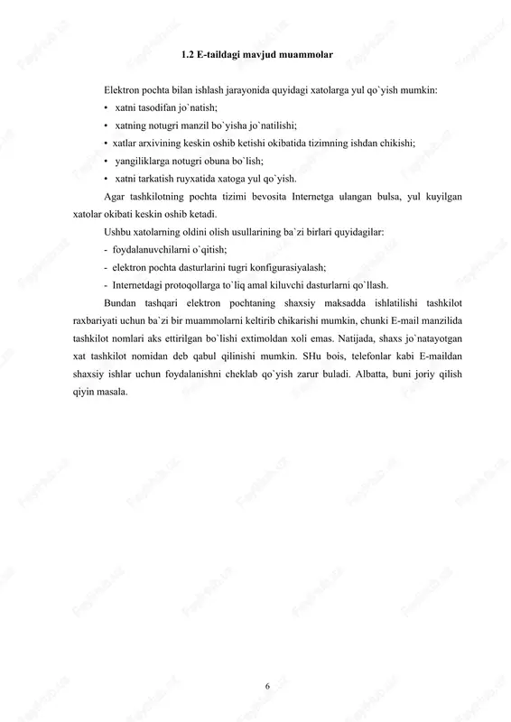 . pochga tizimiga kuplab elektron xatlar jo`natiladi, natijada tizim ishdan chikadi. pochta serverining ishdan chikish xolatlari quyidagilardir: • disk to`lib qoladi va keyingi xatlar qabul qilinmaydi. agar disk tizimli bulsa, u xolda tizim tamomila ishdan chikishi mumkin; • kirishdagi navbatda turgan xatlar sonining oshib ketishi natijasida keyingi xatlar umuman navbatga kuyilmaydi; • olinadigan xatlarning maksimal sonini o`zgartirish natijasida keyingi xatlar qabul qilinmaydi yoki uchiriladi; • foydalanuvchiga ajratilgan diskning tuldirilishi natijasida keyingi xatlar qabul qilinmaydi va diskni tozalab bo`lmaydi. 4. «kurkinchli» (noxush) xat. internet orqali olinadigan elektron xatlarning umuman noma`lum shaxslar tomonidan jo`natilishi va bu xatda foydalanuvchilarning shaxsiyatiga teguvchi so`zlar bo`lishi mumkin. elektron pochtani ximoyalash yuqorida keltirilgan xavflarga nisbatan quyidagi ximoyalanish usullari ishlab chiqilgan: - qalbaki manzildan ximoyalanish, bu xolda shifrlangan elektron imzolarni qo`llash taklif qilinadi; - xatni qo`lga kiritishdan ximoyalanish, bu xolda xabarni yoki jo`natish kanalini shifrlash taklif qilinadi. ushbu ximoyalash usullari bevosita qolgan xavflarning ulushini kamaytiradi. ii. bob elektron …