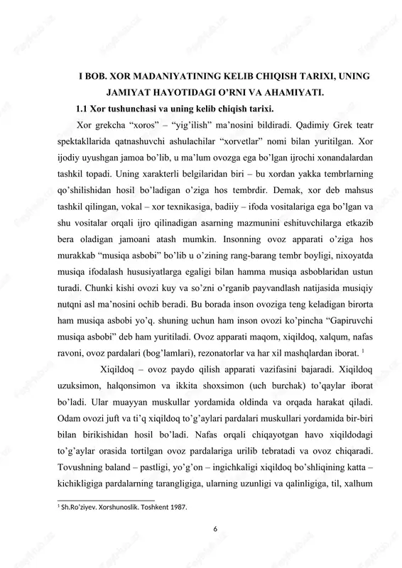 larda mayin harakterga ega ham bo’ladi. al’t tovushining diapazoni kichik oktava “sol-lya”dan ikkinchi oktava “re-mi”gacha. musiqa janrlari ichida eng demokratik va ommaviy hususiyatga ega bo’lgan tur - bu xor san’atidir. u kishilarimizning kundalik hayoti bilan chambarchas bog’liq bo’lib, ularni g’oyaviy – estetik jihatdan tarbiyalaydi. mashxur musiqa nazariyotchisi, faylasuf, bastakor va davrning asoschilaridan biri b.asafev fikricha, xor san’ati musiqani tushuna bilish vositasidir. xor san’ati ommani milliy ruxda tarbiyalash bilan birga kishilarni xalq qo’shiqlari ijodiyoti durdonalari, o’zbek, rus va chet el klassik vokal – xor asarlari namunalari bilan tanishtiradi, ularning ma’naviy dun’yosini boyitadi. xor san’ati ommani musiqaviy tarbiyalashda kishilarni loqayd eshituvchi emas, balki faol qatnashchilarga aylantiradi. ba’zi bir sotsiologik kuzatishlarga qaraganda, havaskorlik xor kollektivlarida astoydil qatnashgan kishilar hayotda ham, ishlab chiqarishda ham serg’ayrat bo’ladilar. xor shunday bir san’atki, unda adabiy va musiqiy ijodiyot o’zaro uyg’unlashib, yaxlit badiiy obraz yaratiladi. bu san’at doimo xalq qo’shiqchilik ijodiyoti bilan bog’liq bo’lib, xususan milliy musiqa madaniyatining …