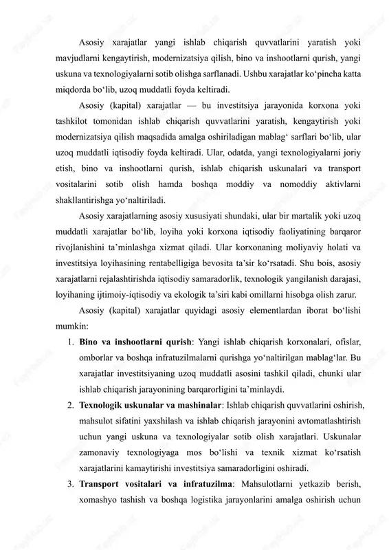 alohida e’tiborga olinadi: · xarajatlarning uzoq muddatli foyda keltirish salohiyati; · moliyaviy va iqtisodiy risklar darajasi; · xarajatlarni amortizatsiyalash va qayta tiklash imkoniyatlari; · investitsiya loyihasining rentabelligi va iqtisodiy samaradorligi. shuni ta’kidlash lozimki, asosiy (kapital) xarajatlar korxona yoki loyihaning iqtisodiy rivojlanishi uchun strategik ahamiyatga ega bo‘lib, ularni oqilona rejalashtirish va nazorat qilish orqali moliyaviy resurslar samarali ishlatiladi, ishlab chiqarish jarayoni modernizatsiyalashadi va uzoq muddatli barqarorlik ta’minlanadi. b) joriy (operatsion) xarajatlar joriy xarajatlar ishlab chiqarish jarayonini davom ettirish uchun sarflanadigan mablag‘larni o‘z ichiga oladi. masalan, xomashyo sotib olish, energiya resurslariga to‘lov, ish haqi, texnik xizmat ko‘rsatish va boshqa kundalik xarajatlar. ular qisqa muddatli xarajatlar sifatida ko‘riladi va loyihaning samaradorligiga bevosita ta’sir ko‘rsatadi. joriy xarajatlar, yoki operatsion xarajatlar, investitsiya loyihalarini amalga oshirish va ishlab chiqarish jarayonini barqaror davom ettirish uchun kundalik asosda sarflanadigan mablag‘lar majmuasini tashkil etadi. ushbu xarajatlar, asosan, qisqa muddatli xarajatlar sifatida tasniflanadi va ularning samaradorligi loyihaning umumiy iqtisodiy natijasiga …