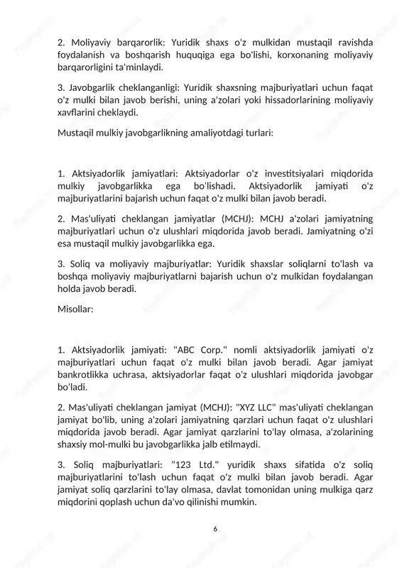 an foyda ko'rish va uni boshqarish huquqini o'z ichiga oladi. huquqiy shartnomalar: yuridik shaxsning mulkiy javobgarligi huquqiy shartnomalar orqali amalga oshiriladi. bu shartnomalar yuridik shaxsning mulkini boshqarish va undan foyda ko'rish huquqlarini tartibga soladi. yuridik shaxsning javobgarligi chegaralari cheklangan javobgarlik: aktsiyadorlik jamiyatlari va mas'uliyati cheklangan jamiyatlar (mchj) cheklangan javobgarlikka ega bo'lib, uning a'zolari yoki hissadorlari faqat o'z ulushlari miqdorida javobgar bo'ladi. to'liq javobgarlik: ba'zi tashkilotlar, masalan, xususiy tadbirkorlar, o'z majburiyatlari uchun to'liq javobgarlikka ega. bu degani, tadbirkor o'zining barcha mulki bilan qarzlar va majburiyatlarni qoplashga majburdir. yurdik shax tuzilish va faoliyati yuridik shaxsning tuzilishi va faoliyati uning tashkil etilishi va boshqarilishi, shuningdek, faoliyat ko'rsatishi va huquqiy munosabatlardagi ishtirokini belgilaydi. keling, bu mavzuni batafsilroq ko'rib chiqaylik: yuridik shaxsning tuzilishi 1. tashkil etilish va ro'yxatdan o'tish: yuridik shaxs tashkil etilishi uchun davlat ro'yxatidan o'tishi kerak. bu jarayon yuridik shaxsning huquqiy maqomini belgilaydi. davlat ro'yxatidan o'tish uchun yuridik shaxsning ustavi yoki nizomi tayyorlanadi, …