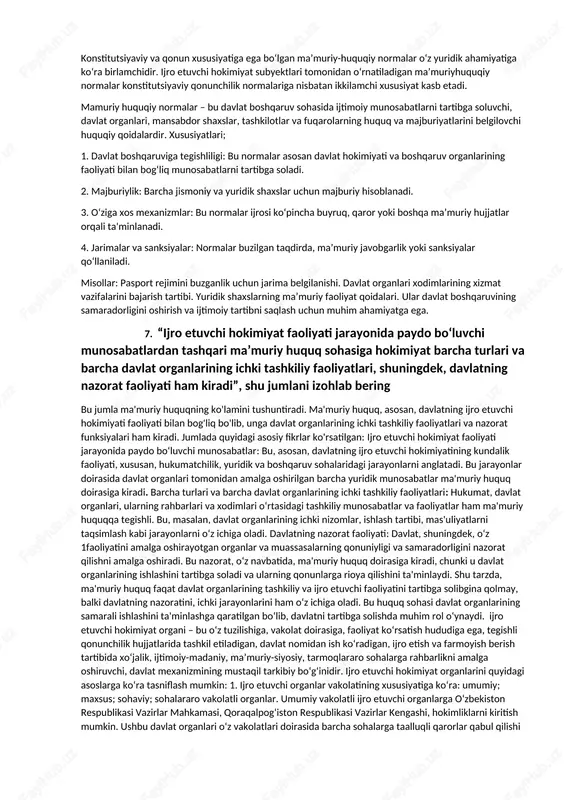 lliy budjetni boshqarish; qonunchilik hujjatlariga muvofiq huquq va majburiyatlarni amalga oshirish. misol: o‘zbekistonda hokimiyat organlari viloyat, tuman va shahar hokimlari tomonidan boshqariladi. hokimlar bir vaqtning o‘zida davlatning ijro etuvchi hokimiyatining mahalliy vakili va mahalliy vakillik organining rahbari hisoblanadi. mahalliy hokimiyat organlari davlat va jamiyat o‘rtasida samarali muloqotni ta’minlash, hududlarni rivojlantirish va aholining ehtiyojlariga javob berish uchun muhim ahamiyatga ega. yuqori markaziy va mahalliy organlarning vakolat doirasi quyidagicha bo‘linadi: 1. yuqori markaziy davlat organlari vakolatlari: bu organlar davlat miqyosida siyosiy, iqtisodiy, ijtimoiy va huquqiy faoliyatni boshqaradi. ularning vakolatlari o‘zbekiston respublikasining konstitutsiyasi va qonunlari bilan belgilanadi. asosiy vakolatlari: 1. normativ-huquqiy hujjatlar qabul qilish: qonunlar, farmonlar va qarorlar chiqarish (masalan, o‘zbekiston respublikasi oliy majlisi va prezident farmonlari). 2. davlat siyosatini ishlab chiqish va amalga oshirish: ichki va tashqi siyosatni belgilash. 3. xavfsizlik va mudofaa boshqaruvi: milliy xavfsizlikni ta'minlash va harbiy kuchlarni boshqarish. 4. moliyaviy boshqaruv: davlat budjetini shakllantirish va nazorat qilish. 5. nazorat …