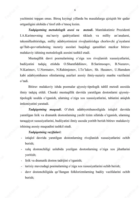 igi bilan izohlanadi. shuningdek, bitiruv malakaviy ishda yana dostonchilikdagi uslubiy izlnishlar, ularning badiiy-kompozitsion xususiyatlari yaxlit tizim shaklida ilk marta yoritishga harakat qilindi. tadqiqot natijalarining ilmiy va amaliy ahamiyati. bitiruv malakaviy ishning asosiy tahliliy xulosalari va umumlashmalari mustaqillik davri o’zbek dostonining badiiy-tadrijiy takomilini, folklor va yozma adabiyot munosabatini qiyosiy o’rganishda o’ziga xos nazariy ahamiyat kasb etadi. chiqarilgan ilmiy xulosalar o’zbek adabiyotshunosligida zamonaviy dostonchilik yo’nalishida tadqiqotlar olib borishda nazariy manba bo’lib xizmat qilishi shubhasiz. zero, shu orqali badiiy adabiyotning rivojlanish yo’llarini, insoniy kechinmalarning badiiy so’zga ko’chish tamoyillarini chuqurroq anglab olishga imkoniyat kengayadi. ishda keltirilgan dalillar, nazariy fikr-mulohazalardan oliy o’quv yurtlarida adabiyotshunoslik, xx asr o’zbek adabiyoti, hozirgi adabiy jarayon fanlari bo’yicha maxsus kurslar o’tishda va ma’ruzalar o’qishda, akademik litsey va kollejlarda adabiyot fanidan dars mashg’ulotlari olib borishda, o’zbek adabiyotidan o’quv qo’llanmalari, darslik, majmualar yaratishda keng foydalanish mumkin. shuningdek, tadqiqotning ilmiy xulosalari va natijalari talabalar uchun adabiyot yo’nalishida kurs ishi, malakaviy bitiruv ishi, magistrlik …
