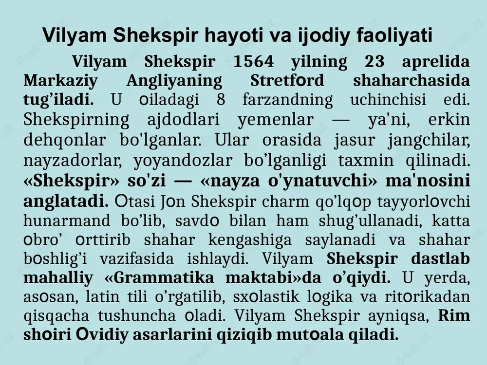ekspirning xronika-pyesalariga r. xoldinshenning xvi asr o'rtalarida yozilgan tarixiy angliya, shotlandiya va irlandiya xronikalari asos bo'lib xizmat qilgan. shekspir xronikalarida angliya taxti uchun bo'lgan kurashlar aks etgan. dramaturg qirol uchun ikki jihat — shafqatsizlik va zaiflik jiddiy nuqson deb hisoblaydi. richard iii, qirol jon shafqatsizligi bilan, richard i, genrix vi zaifligi bilan fojialarga sabab bo'ladilar. shekspir idealidagi qirol genrix v obrazida mujassamlashgan. shekspir ijodining cho'qqisi uning besh tragediyasi: www.arxiv.uz «romeo va juletta» «gamlet» «otello» «qirol lir» «makbet» “romeo va juletta” shekspirning ilk tragediyasi «romeo va juletta» dir. asar 1595-yilda yozilgan. asar muhabbat mavzusida. biroq bu asarda sevgi fojia bilan yakun topadi. tragediyadagi fojianing asosiy sababchisi ikki oila o'rtasidagi eski adovatdir. bunday mavzu qadimdan mavjud bo'lib, uni barcha xalqlarda kuzatish mumkin. romeo va juletta muhabbati kutilmaganda bir ko'rishdayoq tug'iladi va alanga oladi. bu sharqda mashhur qays va layli ishqining uyg'onishini yodga soladi. biroq har ikki asarda bo'lganidek, bu muhabbat yo'lida darhol …