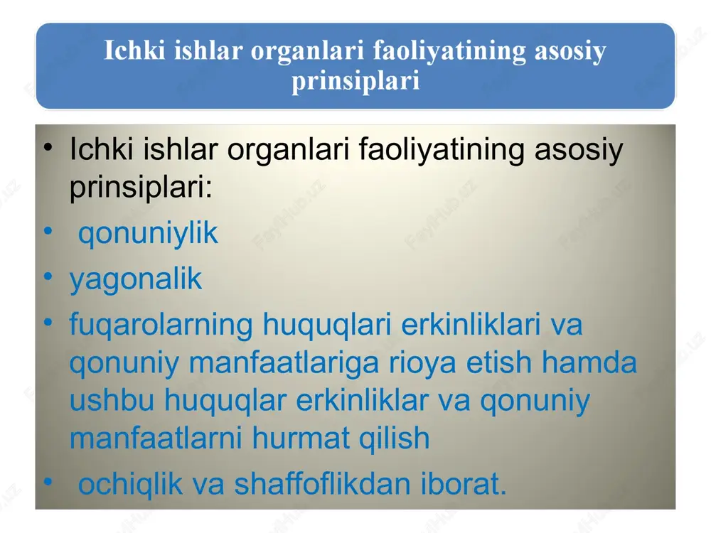 arorligini baholash (bundan buyon matnda psixologik o‘rganish deb yuritiladi); test sinovi (o‘zbekistonning eng yangi tarixi, huquqshunoslik va tarbiya fanlari bo‘yicha bilimlarni baholash); jismoniy tayyorgarlik darajasini baholash; b) o‘rganish bosqichi: xizmatga yaroqlilik darajasini aniqlash maqsadida harbiy-tibbiy komissiya ko‘rigidan o‘tkazish; psixofiziologik (poligraf) tekshiruv (ichki ishlar organlarida xizmat qilish uchun to‘sqinlik qiladigan salbiy omillarni aniqlash maqsadida). psixologik testlar nomzodlarning quyidagi psixologik xususiyatlarini aniqlashga yo‘naltiriladi: aql-zakovat, umumiy intellektual salohiyat va xotira; mantiqiy fikrlash, ziyraklik, tafakkur shakllarining rivojlanganlik darajasi, fikrlash tezligi va tahlil qilish qobiliyati; shaxsga xos individual xususiyatlar, kirishimlilik, psixik turg‘unlik, samimiylik. test sinovlari natijalariga ko‘ra to‘planishi mumkin bo‘lgan umumiy 189 balldan kamida 134 ball to‘plagan nomzodlar jismoniy tayyorgarlik darajasini baholash bosqichiga o‘tgan deb hisoblanadi. test topshiriqlari kitobi har bir fandan 30 ta topshiriqni o‘z ichiga oladi va har bir to‘g‘ri javob uchun quyidagicha ball beriladi: huquqshunoslik fani bo‘yicha har bir to‘g‘ri javob uchun — 3,1 ball va jami — 93 ball; o‘zbekistonning eng …