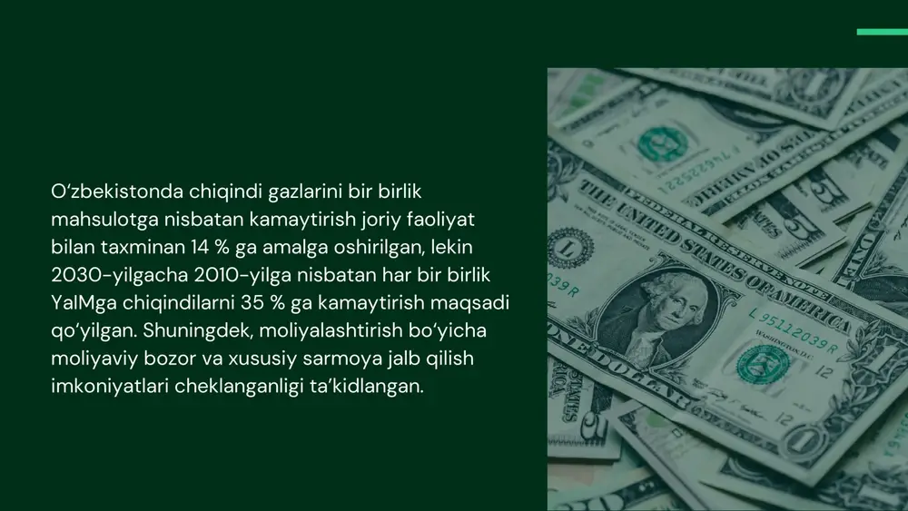 rof-muhitga ta’siri va iqtisodiy darajasi bo‘yicha hisobotlarini tayyorlash va ochiqlikni talab qilish — bunday hisobotlar davlat, moliyaviy institutlar va investorlar uchun majburiy bo‘lishi mumkin; moliyaviy institutlar va banklar uchun “yashil” loyihalarni baholash xizmatlarini rivojlantirish (masalan, mustaqil ekspertiza); xalqaro tajribalar bilan hamkorlik qilib, sertifikatlash va benchmark sistemalarni qabul qilish — masalan, xitoy va boshqa davlatlarda qo‘llanayotgan standartlarni o‘zlashtirish. bunda shuni hisobga olish kerakki, standartlar haddan ziyod murakkab bo‘lmasligi, mahalliy sharoitga mos bo‘lishi lozim. https://www.climatebonds.net/news-events/press-room/press-releases/chinas-sustainable-debt-market-hits-key-milestones?utm_source=chatgpt.com masala 4: rivojlanayotgan moliyalashtirish ehtiyojlari va investitsiya bo‘shlig‘i (financing gap) yashil iqtisodiyotga o‘tishda eng katta muammolardan biri – kerak bo‘lgan investitsiya va real amalga oshirilayotgan moliyalashtirish o‘rtasidagi bo‘shliq (financing gap). o‘zbekistonda bu jihat ham yaqqol ko‘zga tashlanadi: oecd hisobotida qayd etilishicha, o‘zbekistonda yashil o‘tishga (green transition) kerak bo‘lgan xarajatlarni qoplash uchun xususiy moliyalashtirishni keskin oshirish kerakligi ta’kidlangan. oecd buni amalga oshirish uchun davlat va xalqaro moliyaviy institutlar bilan hamkorlik qilish zarur. https://www.oecd.org/content/dam/oecd/en/publications/reports/2023/12/financing-uzbekistan-s-green-transition_6ebf6b94/27d2489d-en.pdf?utm_source=chatgpt.com buni boshqa davlat bilan solishtirsak …