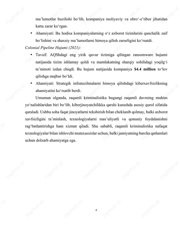 zimlarining xavfsizligi uchun javobgar bo‘lishgan. tizim ma’lumotlari qayta ishlash samaradorligi va aniqligini ta’minlash uchun ishlab chiqilgan bo‘lib, u o‘sha paytda juda qimmat bo‘lgan. haqiqatan ham, ushbu ma’lumotlar kompyuter xavfsizligiga birinchi tizimli yondashuvni tashkil etgan. ushbu sa’y-harakatlarning samarasi shundaki, tekshiruvlar davomida to‘plangan ma’lumotlar qonunbuzarliklarni aniqlash uchun ishlatilishi mumkin edi aqsh mudofaa vazirligi, ichki daromadlar xizmati (irs) va federal qidiruv byurosi (fqb) kabi tashkilotlar huquqni muhofaza qiluvchi tashkilotlarning ixtiyoriy agentlaridan iborat vaqtinchalik guruhlar tuzdilar, hamda ularga boshlang‘ich kompyuter ta’limi berildi. kompyuter savodxonligi bo‘yicha bilimlarga ega bo‘lgan tergovchilar an’anaviy tergovchilarga asosan kompyuterlarda saqlangan ma’lumotlar va kirish jurnallari (log)dan ma’lumotlar olishda yordam berishgan. odatda, kompyuter savodxonligi bo‘yicha tayyorlangan maxsus tergovchilar tizim administratorlari bilan hamkorlikda ishlashgan. biroq ushbu harakatlarda raqamli ekspertiza amaliyoti yoki uning axloqiy qoidalari umuman aks etmagan edi. bajariladigan harakatlar bajaruvchi subyektning o‘ziga bog‘liq bo‘lib, hech qanday qoida yoki tartibga amal qilmagan. kliff stollning 1990-yildagi “kakkuning tuxumi” kitobida dastlabki raqamli ekspertiza amaliyoti va …