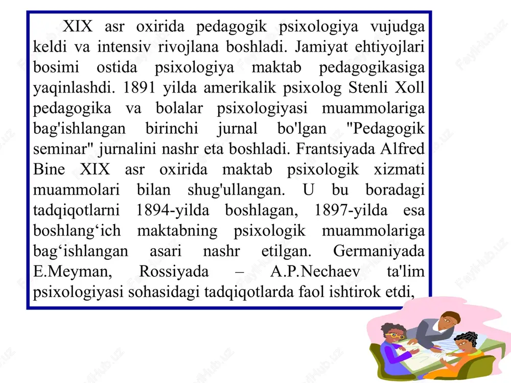 ko’plab sohalari quyidagi mezonlar bo’yicha ajratiladi: aniq faoliyat (mehnat psixologiyasi, tibbiyot, pedagogik psixologiya, san’at, sport psixologiyasi va shu kabilar); rivojlanish (hayvonlar psixologiyasi, qiyosiy psixologiya, rivojlanish psixologiyasi, bolalar psixologiyasi va shu kabilar); ijtimoiy umumiylik (ijtimoiy psixologiya, shaxs psixologiyasi, guruh, sinf psixologiyasi, etnopsixologiya va h.k.). psixologiyaning boshqa fanlar bilan aloqasi asosida yuzaga kelgan fanlar sifatida psixofiziologiya, neyropsixologiya, matematik psixologiya va boshqalarni keltirish mumkin. psixologiyaning amaliyotning turli sohalari bilan murakkab aloqalarining rivojlanishini tashkiliy, muhandislik psixologiyasi, sport psixologiyasi, pedagogik psixologiya va shu kabilarda kuzatish mumkin. 3. mehnat psixologiyasi va tashkiliy psixologiya. ijtimoiy munosabatlar sohasida psixolog faoliyati xususiyatlari. turli mualliflar psixologiyaning 100dan ortiq sohalarini sanab o’tadilar. lekin aslida hozirgi kunda ularning soni bundan oshib ketgan. shuningdek, psixologiyaning maxsus bo’lim va yo’nalishlari ham mavjud: differensial psixologiya (odamlar o’rtasidagi individual tafovutlarni o’rganadi), qabul qilish psixologiyasi, kriminalistika va sud psixologiyasi, ilmiy, texnikaviy va badiiy ijod psixologiyasi, qarish psixologiyasi (gerontopsixologiya), aviatsiya psixologiyasi. hozirgi zamon psixologiyasi boyib, turli-tuman bo’lib bormoqda, …