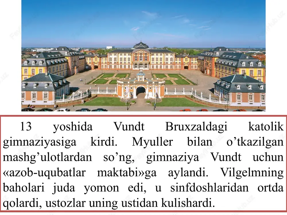 di va o’z jurnaliga maqolalar yozdi. 10 yil davomida u madaniy-tarixiy yoki ijtimoiy psixologik g’oyalarni ishlab chiqdi. natijada u 1900-1920 yillarda nashr etilgan «xalqlar psixologiyasi» nomli 10 tomli asar yaratdi. vundt vafotigacha uzluksiz ishlashda davom etdi. taxminlarga ko’ra, 1853 yildan 1920 yilgacha vundt 54000 dan ortiq sahifa yozgan, ya’ni har kuni 2,2 sahifa yozgan. vilgelm vundt 1920 yil 31-avgustda leypsig yaqinidagi grosbotondagi o’z uyida vafot etdi. vundtning psixolog sifatida hayotining eng muhim natijasi – psixologiyaning mustaqil fan sifatida shakllanishi edi. hozir uning laboratoriyasida butun dunyo psixologlariga ma’lum bo’lgan muzey joylashgan. 17 zigmund freyd 1856 yilning 6 mayida avstriyaning frayberg (hozirgi chexiyaning moraviya) shaharchasida tug’ilgan. u oilada yetti farzandning eng kattasi bo’lib, freyd to’rt yoshga to’lganda uning oilasi moliyaviy qiyinchiliklar tufayli venaga ko’chib o’tgan. freyd umrining oxirigacha venada yashadi va 1938 yilda, o’limidan bir yil oldin angliyaga ko’chib o’tdi. zigmund freyd 1856-1939 2. zigmund freyd o’sha davrning barcha yoshlari singari freyd …