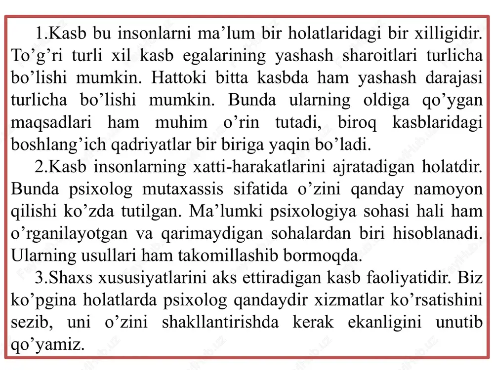 liqdir. inson o’zining mehnat orqali namoyon qilishi mumkin. psixologning mehnati haqidagi tasavvurlarni keltirib o’tamiz: 15 “yengil mehnat” ideali. bunda inson mehnat qilmasdan ko’proq maosh olishni o’ylaydi. bu aynan psixologlar uchun noto’g’ri bo’lgan faoliyatlardan biri hisoblanadi. chunki ular mehnatdan zavqlanishlari zarur. noaniqlik tushunchasini kamaytirishga qaratilgan faoliyat (antientropizm). murakkab obyektlarni osonlashtirish qobiliyati hisoblanadi. bunday vaziyatlarda ijodiy faoliyat uchun o’rin qolmaydi. qalban ko’rlik. ular boshqa insonlar bilan xursand va xafa bo’la olishmaydi. boshqalardan ustun bo’lish xohishi. bu ko’plab psixologlarning bir-birlari bilan kurashishlariga sabab bo’ladigan holatlardan biri hisoblanadi. 3. kasb tanlash asoslari. psixolog mutaxassislik albatta uchta savolga javob berishi zarurdir: birinchidan, psixologiya tushunchasi inson faoliyatida kerakligi aniqlanishi zarur. bu faoliyat o’zining maxsus holatlariga ega bo’lishi talab qilinadi, u boshqa fanlardan ajralgan holda bo’lishi zarur. ikkinchidan, shu soha bilan shug’ullanadigan insonlar jamiyati bo’lishi zarur. uchinchidan. mutaxassislarni tayyorlash tizimi bo’lishi talab qilinadi. 16 bunday holatlarni asoschisi sifatida vilgelm vundtning (1832-1920) tashkilotini misol qilib ko’rsatishimiz mumkin. bu …