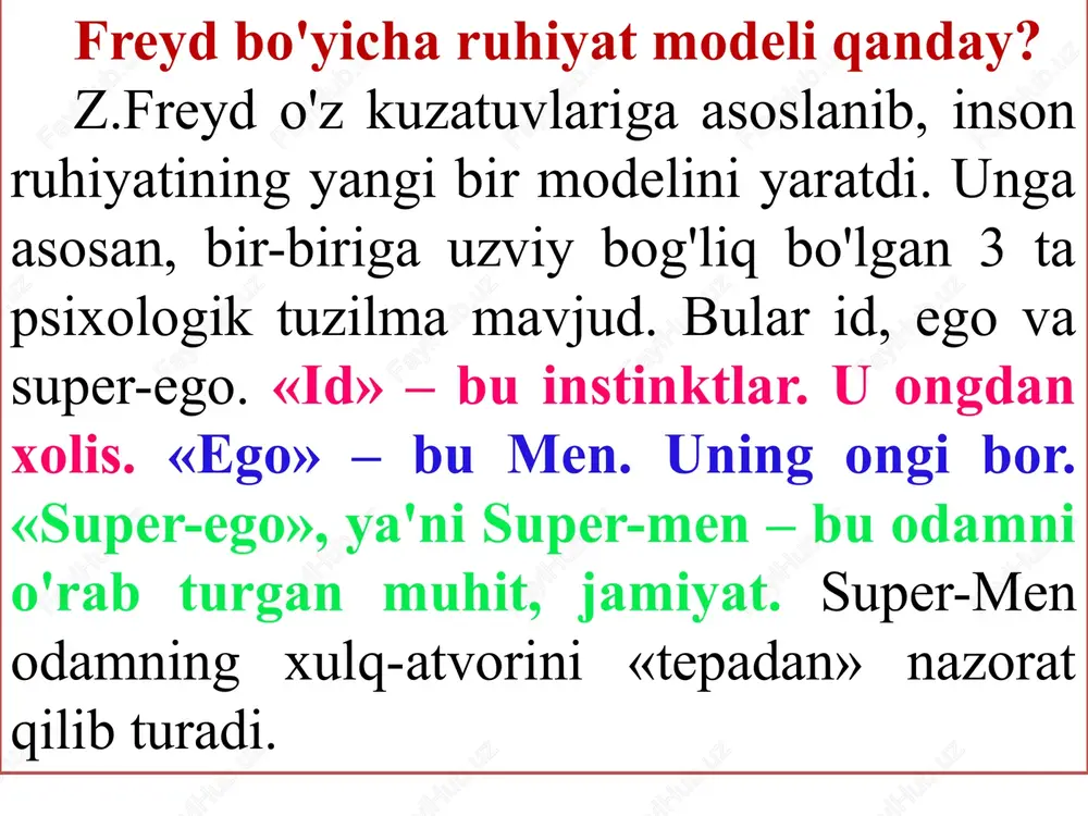 harakat qildi, lekin axloq muammolariga yetarlicha e'tibor bermaslik xatosiga yo'l qo'ydi. fromm psixoanalizda inson xulq-atvorining biologik motivlaridan asosiy e'tiborni ijtimoiy omillarga ko'chirishga, “inson tabiati insonning ehtiroslari, uning tashvishlari esa madaniyat mahsuli” ekanligini ko'rsatishga harakat qildi. fromm uchun nevrozlar insonning hayotida, shu jumladan, ozodlik uchun kurashda ma'naviy mag'lubiyatining alomatlaridir. nevrozni yengib bo'lmaydigan ichki qaramlik va erkinlikka intilish o'rtasidagi ziddiyatni, axloqiy tusga ega bo'lgan ziddiyatni hal qilish uchun muvaffaqiyatsiz urinish deb tushunish mumkin. ko'p hollarda nevrotik alomatlar axloqiy ziddiyatning aniq ifodasidir. bu shuni anglatadiki, terapevtik harakatlar muvaffaqiyati birinchi navbatda insonning axloqiy muammosini tushunish va hal qilishga bog'liq. fromm tasavvur qilganidek, zamonaviylikning asosiy axloqiy muammosi - bu insonning o'ziga nisbatan befarqligidir. gumanistik psixoanalizning vazifasi insonning o'zi haqidagi haqiqatni ochib berish, dunyodagi psixologik yo'nalishlarni aniqlashdir, buning natijasida uning ijtimoiy xarakteri shakllanadi. 3. abraxam maslouning motivasiya nazariyasi a.maslouning motivlar iyerarxiyasi haqidagi ta'limotiga binoan, insondagi dolzarb ehtiyoj taalluqli motivda o'z aksini topadi va shunga muvofiq harakatni …