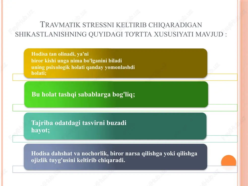 smil, kettellning o'n olti faktorli shaxs so'rovnomasi). 5. maxsus psixologik anketalar (tarozilar): travmatik hodisa ta'sirining og'irligini baholash shkalasi; t. kinning jangovar tajribasining og'irligini baholash shkalasi, urush faxriylari, garovga olinganlar va baxtsiz hodisalar, falokatlar, tabiiy ofatlar qurbonlari uchun umumiy fuqarolik versiyasi uchun ishlab chiqilgan; travmatik stress anketasi, rossiya federatsiyasi ichki ishlar vazirligi doirasida ishlab chiqilgan a. a. kucher texnikasi; scl-90-r psixopatologik simptomatologiyasi. derogatis shkalasi;6. shaxsning ruhiy holatini aniqlaydigan anketalar. (san, bekning depressiv so'rovnomasi, spilberger-xaninning tashvish so'rovnomasi). psixologik tuzatish va terapiyasi psixologik tuzatishni davolashda ham psixofarmakoterapiya, ham psixoterapevtik usullar muhim o'rin tutadi. bemorlar bilan ishlashning asosiy maqsadi ularni jarohatlardan oldin mavjud bo'lgan ishlash darajasiga qaytarishdir. psixoterapiya terapiya bosqichlari: 1. ehtiyotkorlik bilan himoyalangan travmatik materialga "kirish" huquqini beradigan ishonchli xavfsiz aloqani o'rnatish; 2. travma markazida terapiya; travmatik materialni chuqurlik bo'yicha o'rganish, intruziv namoyonlarni tahlil qilish, qochish, ajralish va begonalashtirish bilan ishlash; 3. bemorni travmadan ajratish va oila, do'stlar va jamiyat bilan birlashishga yordam …