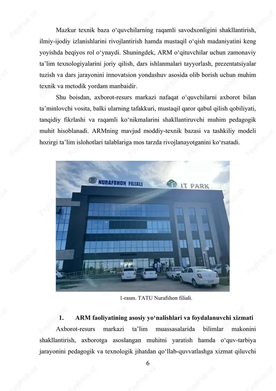 rish istiqbollari va aniqlangan muammolar o‘rganish jarayonida tatu nurafshon filiali axborot-resurs markazi faoliyati bo‘yicha amaliy tahlil olib borilib, mavjud imkoniyatlar bilan bir qatorda, ayrim muammoli jihatlar ham aniqlangan. bu kamchiliklar armning to‘laqonli faoliyat yuritishiga va foydalanuvchilarning axborot resurslaridan samarali foydalanishiga salbiy ta’sir ko‘rsatmoqda. eng avvalo, elektron kutubxona resurslarining cheklanganligi va armning xalqaro ochiq ma’lumotlar bazalari bilan integratsiyalashmaganligi aniqlangan asosiy muammo sifatida qayd etildi. bugungi global ta’lim muhitida jst, elsevier, springer, ebscohost kabi xalqaro ilmiy platformalarga kirish imkoniyati o‘quvchilar va o‘qituvchilar uchun zamonaviy ilmiy axborotga ochiq bo‘lish kafolatidir. ammo mavjud arm fondida bunday tashqi manbalar bilan integratsiya yo‘qligi, ta’lim sifati va innovatsion salohiyatga bevosita ta’sir qiladi. shuningdek, arm faoliyatida moddiy-infratuzilma bilan bog‘liq muammolar ham mavjud. jumladan, xona sig‘imining yetarli emasligi, ayniqsa, ko‘p ishtirokchili madaniy-ma’rifiy tadbirlar va axborot savodxonligi mashg‘ulotlari vaqtida aniq sezilmoqda. bu holat foydalanuvchilarning arm faoliyatida to‘laqonli ishtirok etishiga to‘sqinlik qilmoqda. bundan tashqari, fondni elektron shaklga o‘tkazish, mavjud bosma manbalarni …