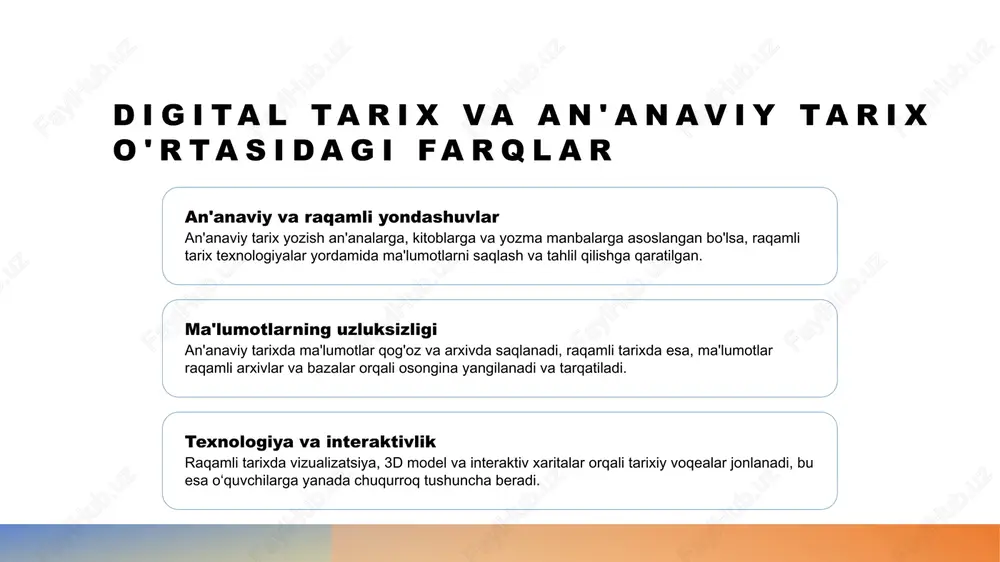 i. 03 vizualizatsiya va tahlil usullari raqamli arxivlar yordamida ma'lumotlarni vizuallashtirish va tahlil qilish mumkin, bu tarixiy hodisalarni chuqurroq tushunishga va yangi fikrlar ishlab chiqishga yordam beradi. 04 rivojlanish va muammolar raqamli arxivlarning rivojlanishi texnologik yangiliklar bilan bog'liq bo'lsa-da, ma'lumotlarni standartlashtirish va himoyalash kabi muammolar davom etmoqda. tarixiy ma'lumotlarni vizualizatsiya qilish va tahlil qilish usullari 1 vizualizatsiya usullari - tarixiy ma'lumotlarni grafiklar, xaritalar va diagrammalar yordamida vizual tarzda tasvirlash, ma'lumotlarni tez va aniq tushunishga yordam beradi. 2 ma'lumotlar tahlili metodlari - statistika, tahliliy dasturlar va algoritmlar orqali katta hajmdagi tarixiy ma'lumotlarni o'rganish, tendensiyalar va bog'liqliklarni aniqlash imkonini beradi. 3 interaktiv vositalar - geografik axborot tizimlari (gis) va interaktiv xaritalar tarixiy joylar va voqealarni vizual ravishda ko'rsatib, o'quvchilarga chuqur tushuncha beradi. 4 vizualizatsiya natijalari - olingan grafiklar va xaritalar tarixiy jarayonlarni aniq va tushunarli tarzda taqdim etadi, ilmiy va pedagogik maqsadlar uchun muhim vositadir. raqamli tarixda keng tarqalgan dasturiy ta'minot va …
