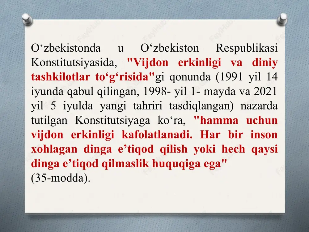 rkov tashkiloti sifatida asosan 1054 yilda cherkovlarning bo'linishidan keyin vujudga keldi. katolitsizm rim papasini isoning erdagi noibi, uning hokimiyati jahon soborlari hokimiyatidan yuqori turadi deb hisoblaydi. katolitsizmning protestantizmdan farqi shundaki, u faqat muqaddas rivoyatni ham diniy ta'limotning manbai deb hisoblaydi. katolitsizmda asrlar davomida ibodat lotin tilida olib borilgan, ii vatikan sobori (1962-65)gina ularni milliy tillarda o'tkazishga ruxsat bergan. katolik cherkovi qat'iy markazlashtirilgan bo'lib, yagona jahon markazi – vatikan shahri (davlat)ga ega, uning birdan-bir boshlig'i rim papasi hisoblanadi. evangel xristian-baptistlar cherkovi. 2015 yilning 1 martiga qadar 23 ta diniy tashkilot ro'yxatga olingan. baptistlik xvii asrda angliyada vujudga kelgan protestant yo'nalishidagi oqimlaridan biridir. baptistlik diniy ta'limotining asosida bibliyaning ilohiy nufuzini tan olish yotadi. unga ko'ra, barcha qadimgi (39 kitob) va yangi (27 kitob) ahd kitoblari muqaddas ruhdan ruhlangan, najot topish hamda e'tiqod va hayotga nisbatan xudoning irodasini bilish uchun yagona, zarur va etarli manba hisoblanadi. shuning uchun ham bibliyani o'rganish va tafsir …
