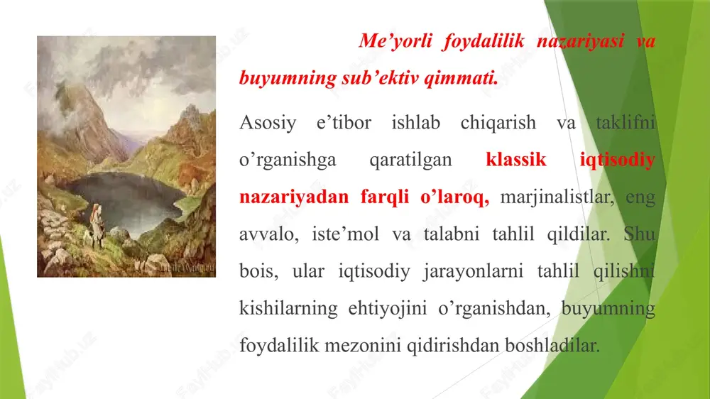 lish mumkinki, me’yorli foydalilik miqdori mazkur tovar miqdoriga va unga bo’lgan iste’mol darajasiga bog’liq. har bir alohida buyum (tovar)ning me’yorli foydaliligi konkret va shu bilan birga sub’ektivdir. birinchi ko’zadagi suvning foydaliligi juda yuqori: agar chanqovni qondirishga boshqa bironta ko’zada suv bo’lmasa. beshinchi yoki oltinchi ko’zadagi suvning foydaliligi ancha kam: u gullarga suv quyish yoki pol yuvishga ishlatiladi. o’ninchi ko’zaga kelsak, u umuman ortiqcha bo’lishi mumkin. uy javonida uning egasiga, misol uchun, etti juft etik etarli; qolganlari javonda faqat joyni band qiladi va ularni kiyib ulgurmasdanoq modadan chiqib qolishi mumkin. foydalilikning pasayib borishi buyumning haqiqiy qimmati nima bilan (uning eng ko’p, o’rtacha yoki eng kam foydaliligi bilan) aniqlanishini tushunishda yordam beradi. avstriya maktabi vakil-lari nazariyasiga ko’ra, konkret qimmat eng kam yoki me’yorli foydalilik bilan aniqlanadi. xaridor o’zi uchun yagona bo’lgan, bir juft etik uchun ettinchi etikka qaraganda ko’p haq to’lashga tayyor. unga birinchi juft etikka qaraganda, ettinchisining foydasi ancha kam. demak, …