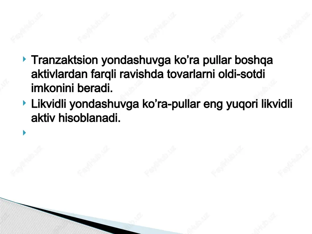 ijiy valyutadagi depozitlardan tashkil topgan. rezerv pullar - markaziy bankning majburiyati bo’lib, o’z ichiga quyidagi passivlarni oladi: markaziy bankdan tashqaridagi naqd pullar, majburiy zaxiradagi mablag’lar, tijorat banklarining markaziy bankdagi vakillik hisobvarag’idagi mablag’lar va markaziy bank mijozlarining depozitlari. rossiya federatsiyada muomaladagi jami pul massasi hisob-kitobi uchun quyidagi pul agregatlari qo‘llaniladi. mo agregati - naqd pullar; m1 agregati - mo agregati va hisob-kitob, joriy va boshqa schyotlar (maxsus schyotlar, kapital qo‘yilmalar schyotlari, akkreditiv va chek schyotlari, mahalliy byudjet schyotlari, kasaba, uyushmalari jamoat va boshqa tashkilotlarning schyotlari, davlat sug‘urta mablag‘lari, uzoq muddatga kreditlash fondi)dagi mablag‘lar tijorat banklariga qo‘yilmalar va jamg‘arma banklaridagi talab qilib olinadigan depozitlarning yig‘indisiga teng; m2 agregati - m1 agregati va tijorat banklaridagi muddatli qo‘yilmalardan iborat; m3 agregati - m2 agregati hamda depozit sertifikatlar va davlat zayom obligatsiyalari yig‘indisidan iborat. pul massasi naqd pullardan tashqari muddatli hisobvaraqlardagi mablag‘ va jamg‘armalarni, depozit sertifikatlari, investitsion fondlarning aktsiyalarini o‘z ichiga oladi. pul massasining yuqoridagi …