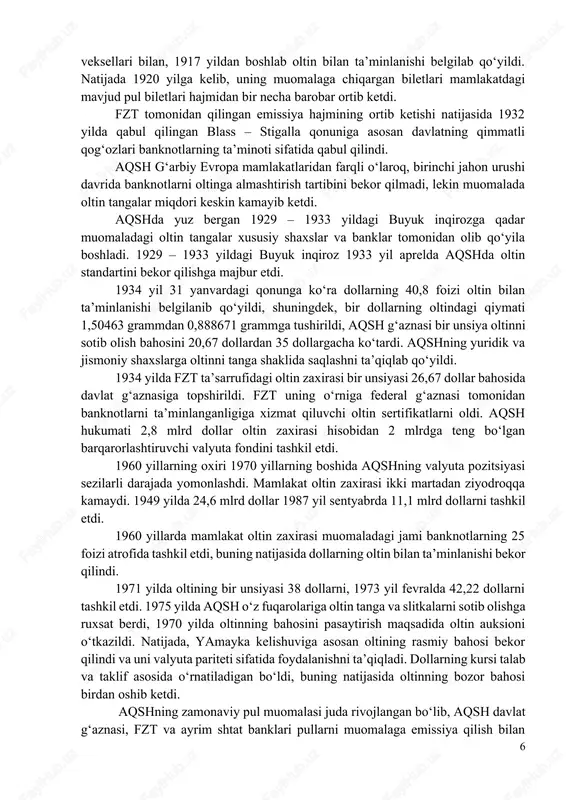 knotlarni ta’minlanganligiga xizmat qiluvchi oltin sertifikatlarni oldi. aqsh hukumati 2,8 mlrd dollar oltin zaxirasi hisobidan 2 mlrdga teng bo‘lgan barqarorlashtiruvchi valyuta fondini tashkil etdi. 1960 yillarning oxiri 1970 yillarning boshida aqshning valyuta pozitsiyasi sezilarli darajada yomonlashdi. mamlakat oltin zaxirasi ikki martadan ziyodroqqa kamaydi. 1949 yilda 24,6 mlrd dollar 1987 yil sentyabrda 11,1 mlrd dollarni tashkil etdi. 1960 yillarda mamlakat oltin zaxirasi muomaladagi jami banknotlarning 25 foizi atrofida tashkil etdi, buning natijasida dollarning oltin bilan ta’minlanishi bekor qilindi. 1971 yilda oltining bir unsiyasi 38 dollarni, 1973 yil fevralda 42,22 dollarni tashkil etdi. 1975 yilda aqsh o‘z fuqarolariga oltin tanga va slitkalarni sotib olishga ruxsat berdi, 1970 yilda oltinning bahosini pasaytirish maqsadida oltin auksioni o‘tkazildi. natijada, yamayka kelishuviga asosan oltining rasmiy bahosi bekor qilindi va uni valyuta pariteti sifatida foydalanishni ta’qiqladi. dollarning kursi talab va taklif asosida o‘rnatiladigan bo‘ldi, buning natijasida oltinning bozor bahosi birdan oshib ketdi. aqshning zamonaviy pul muomalasi juda …