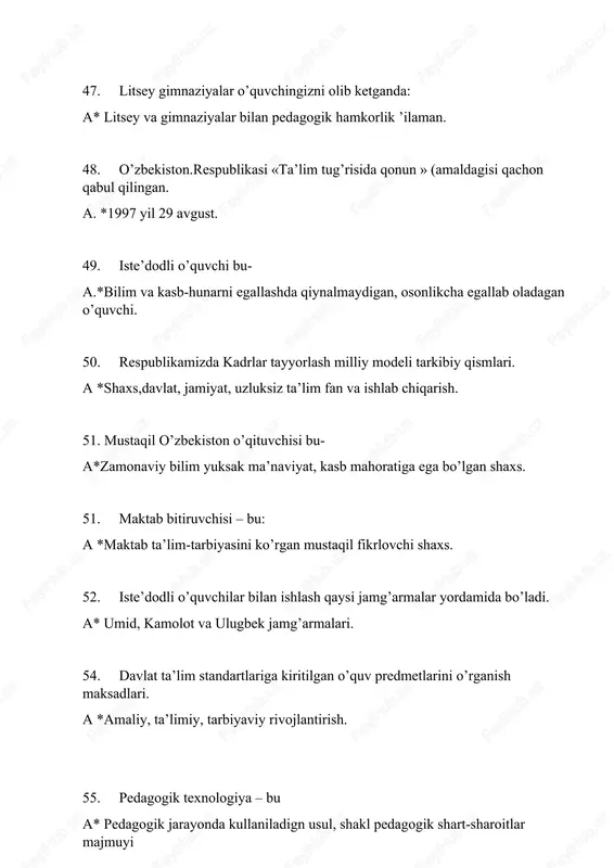a boʼlgan maʼlum vaqtga muljallangan oʼqituvchi rahbarligida va oʼquvchilar faol ishtirokida olib boriladigan mashgʼulot. 85. dars tiplarini belgilang. a* yangi bilimlarni bayon etish darslari. 86. dars samaradorligini oshirish omili. a* yangi pedagogik texnologiyalardan foydalanish. 87. taʼlimning yordamchi shakllarini belgilang. a* ekskursiya, konsultatsiya, uy mustaqil ishi. 88. muammoli taʼlim bosqichini belgilang. a* muammoli vaziyat, muammo qoʼyish, muammo hal etish,va natijani tekshirib koʼrish. …….. – kishilarning ob’ektiv borliqdagi narsa va hodisalarni, tabiat va jamiyat qonunlarini bilib olishi nima deb ataladi? ==== #bilim ==== ++++ yolg‘onchiklik va maqtanchoklikni asosida nima yotadi? ==== #yolg’onchilik va yalqovlik ==== ++++ bilim, ko‘nikma, malaka nimalar asosida mustaxkamlanadi? ==== #takrorlash ==== ++++ bilimlarni o‘zlashtirishda tafakkurni qanday operatsiyalari ishtirok etadi? ==== #umumlashtirish ==== ++++ bir butun narsani analiz qilish natijasida ajratilgan komponentlarni birlashtirish –bu: ==== #sintez ==== ++++ qaysi yordamchi metod orqali ishonchli xulosalar chiqarish mumkin bo‘ladi. ==== #suxbat ==== ++++ inson va hayvon dunyosidagi tafovutni ko’rsating? ==== #ong …
