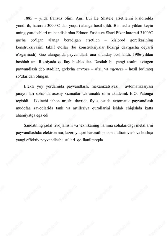 digan po`latlar. bunday po`latlarning cekv 0,45 dan ortik bo`ladi. bunday po`latlarni payvandlashda ular darz ketishi mumkin. odatda ularni mavjud po`lat xili uchun ishlab chiqilgan va ishlatiladigan maxsus usullar bilangina payvandlash mumkin. vagon teshigi qopqog`i – mustaxkamligi yuqori mo`rt sinishga moyilligi past kam ligerlangan po`lat 09 g2s dan tayyorlangan.bu po`latlardan foydalanish konstruksiyani nisbatan yengil bo`lishini ta’minlaydi va ishonchliligini oshiradi. bu po`latlarni co2 gazi ostida sv-08g2s gost 2246-70 simlari yordamida payvandlash mumkin. quyida bu turkumdagi po`latlarning kimyoviy tarkibi va mexanik xususiyatlari keltirilgan. 3.konstruksiyaning detallarini tayorlash jarayoniga izox berish konstruksiya detallarini tayyorlash uchun korxona turi va ishlab chiqarish xajmi, konstruksiyaning shakli, o`lchamlari va material turiga qarab jixozlar tanlanadi. qalin devorli idishlarni (s>40mm) valtsovka qilingan yoki shtamplangan zagotovkalardan bo‘ylama yoki halqali uchma-uch choklar bilan payvandlanadi. 10.20-rasmda qalinligi 150 mm bo‘lgan 22k po‘latdan tayyorlangan gidravlik ballon tasvirlangan. birikmalar elektroshlakli payvandlash bilan bajarilgan bo‘lib, burchak choklar faqat tubga asosni payvandlash uchun qo‘llanilgan. qozonxona idishlarida ko‘p miqdorda …