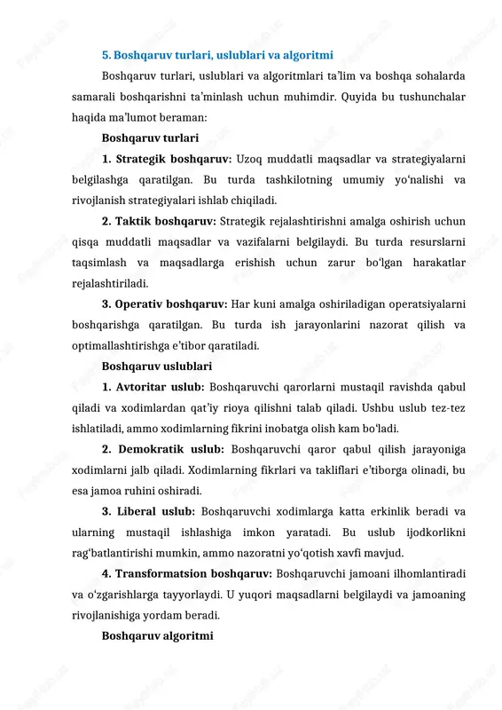 larni taqsimlash va jamoa aʼzolarini tayinlash. 3. yoʻnaltirish: jamoa aʼzolarini vazifalarni bajarishda yoʻnaltirish va qoʻllab-quvvatlash. 4. nazorat va baholash: amalga oshirilgan yechimning samaradorligini nazorat qilish va baholash, zarur boʻlsa, oʻzgarishlar kiritish. 6. taʼlim tashkilotida strategik reja va amalga oshirish strategik reja — bu taʼlim muassasasining raqobatbardoshligini oshirish uchun asosiy narsaga qaratilgan qisqa hujjat. strategik rejada maʼmuriyat va xodimlar, potensial investorlar, hokimiyat va jamoatchilik uchun kelajakni koʻrishni hisobga olgan holda tezkor qarorlar qabul qilishda yoʻl-yoʻriq koʻrsatadigan gʻoyalar mavjud. strategik reja boshqa turdagi rejalarni bekor qilmaydi yoki almashtirmaydi, u faqat taʼlim muassasasi uchun eng muhim, ustuvor yoʻnalishlarda rivojlanishni belgilaydi. strategiyani ishlab chiqishda quyidagilarni hisobga oling: -taʼlim tizimi, taʼlim muassasasi faoliyatining barcha sohalarini qamrab olish; -tashqi sharoitlar bilan muvofiqlikni taʼminlash; -resurslar va imkoniyatlariga mutanosibligini taʼminlash; -taʼlim tizimini, taʼlim muassasasini rivojlantirishning uzoq muddatli yoʻnalishlari bilan bogʻlash; -taʼlim muassasasi tomonidan qabul qilingan maqsad va vazifalarda ustuvorliklarni hisobga olish. 7. oʻzbekistonda keng qamrovli islohotlar davrida taʼlim …