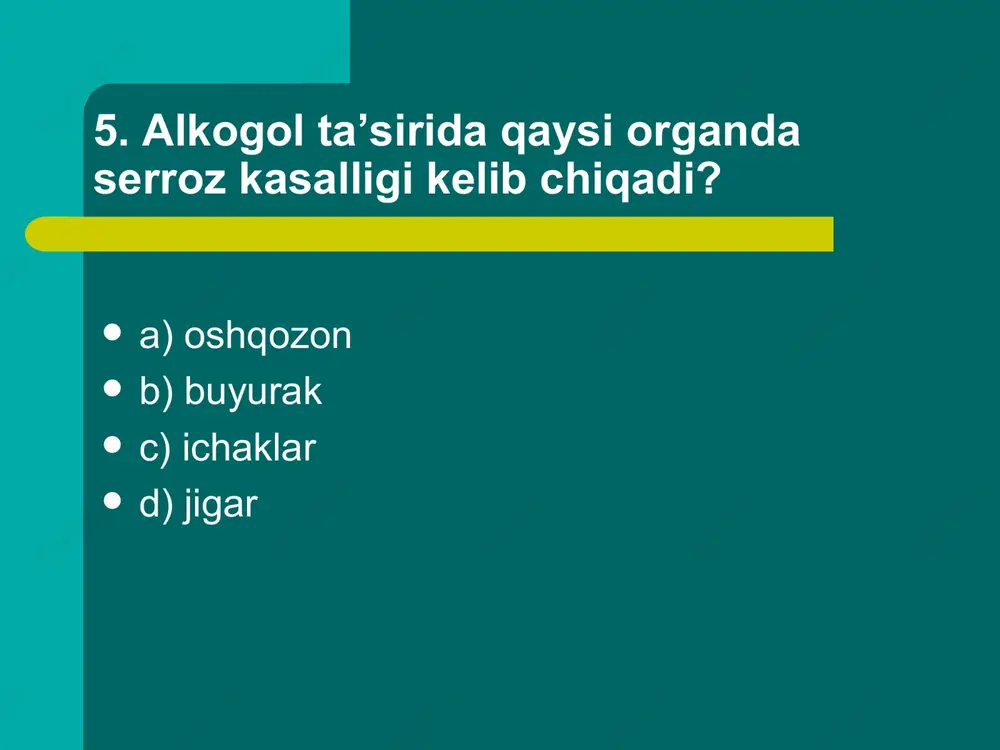 gan? a) gastrit, kolit b) ichburug’, kolit c) gastrit, qorin tifi d) qorin tifi, vabo 57. xlorid kislota qaysi fermantning aktivlik kuchini oshiradi? a) pepsin b) lipaza c) ptialin d) tripsin 58qaysi a’zo burundan hiqildoqqa, ovqatni og’izdan qizilo’ngachga o’tkazib turadi? a) og’iz b) halqum c) bo’g’iz usti tog’ayi d) tanglay 59. tilning qaysi retseptorlari qanday ta’mlarni yaxshi sezadi? 1.til uchidagi 2.yon tomonlaridagi 3.orqa qismidagi a.achiqni b.shirinni v.nordonni d.sho’rni a) 1-b, v/ 2-a/ 3-v b) 1-b/ 2-a,v/ 3-d c) 1-v/ 2-v/ 3-v,d d) 1-b/ 2-v,d/ 3-a 60. odamda ovqat hazm qilishni shartli reflekslar orqali boshqarish markazini aniqlash a) bosh miya yarimsharlari b) uzunchoq, miya c) oraliq miyaning ko’rish dumboqlari d) o’rta miyadagi qizil yadro’ 61. pepsin fermenti qayerda sintezlanadi? a) 12 barmoq ichakda b) ko’richakda c) ingichka ichakning shilliq qavatida d) oshqozonning shilliq qavatida 62. me’da osti bezi to’qimasining necha foizi tashqi sekretsiya vazifasini bajaradi? a) 70-80 % b) 100 % …