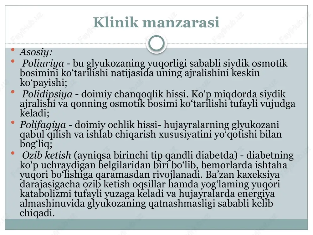amligi va laktat to‘planishi oqibatida yuzaga keladi. og‘ir yurak va o‘pka yetishmovchiligi, sepsis, miokard infarkti, dorilardan zaharlanishlar laktatatsidotik komaga olib kelishi mumkin. bemorlarda teri va shilliq qavatlaming yaqqol qurishi belgilari, atsidoz oqibatida kussmaul nafasi kuzatiladi. qonning ph ko‘rsatkichi pasaygan, glyukoza me’yorida, biroz yuqori yoki yuqori bo‘lishi mumkin. laktat miqdori qonda 6 mmol/1 dan ko‘p. davolash suyuqlik yuboriladi pressor aminlar atsidozda natriy bikarbonat dixloratseton xavfsizroq gipoglikemik koma gipoglikemik holat qonda glyukoza miqdori 3-2,8 mmol/1 botganda rivojlanadi. insulin dozasini me’yoridan ortiq qabul qilish, ovqatlanish tartibining buzilishi zamr miqdordagi oddiy uglevodlami o‘z vaqtida qabul qilmaslik yoki bir marotaba ovqatlanishni o‘tkazib yuborish, haddan tashqari ko‘p jismoniy zo‘riqish gipoglikemik komaga olib keladi. klinik namoyon bo ‘lish belgilari bosh miyaga glyukoza yetishmasligi oqibatida yuzaga keladigan ensefaloglyukopeniyadan iborat. shartli ravishda uning kechishini ikki bosqichga bo’lish mumkin. boshlang‘ich yoki simpatoadrenal va bosh miyaga kislorod yetishmasligi oqibatida yuzaga kelgan markaziy nerv tizimidagi o‘zgarishlar. simpatoadrenal bosqichda bemorda katexolaminlar ortiqligi natijasida …
