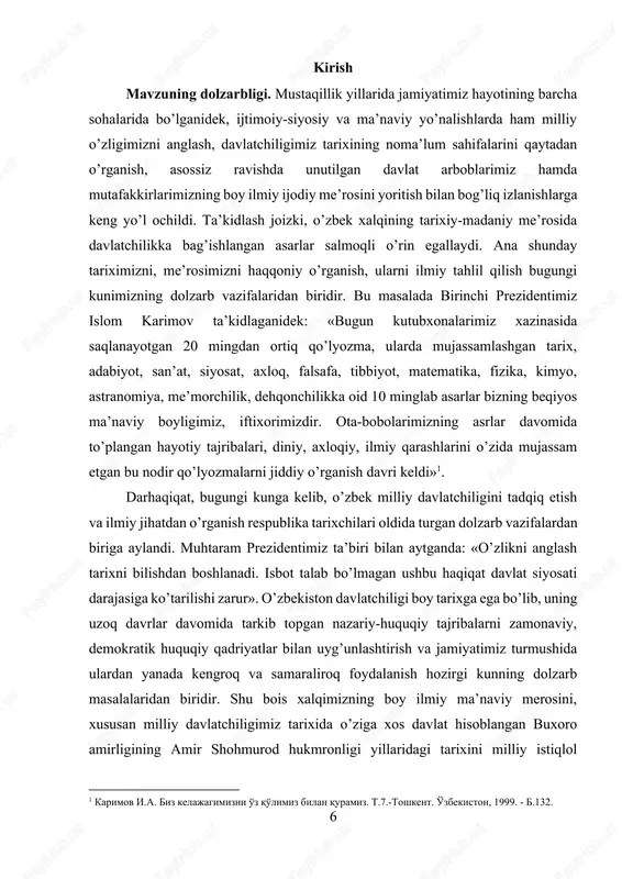 irligi tarixi., toshkent., “tamaddun”., 2022.] i bob. amir shohmurod hokimiyatining o’rnatilishi va uning ichki siyosati. 1.1 amir shohmurodning hokimiyat tepasiga kelishi va markazlashtirish uchun kurash xviii asrda o’zbek davlatchiligi tarixida o’rta osiyoda jiddiy siyosiy o’zgarishlar ro’y berdi, xususan, 1709-yilda chodak din peshvolarining qo’llab-quvvatlashi natijasida minglar farg’ona vodiysida o’zlarining davlati— qo’qon xonligiga asos solishib, ashtarxoniylarning buxoro xonligidan ajralib chiqishdi, 1753-yilda mang’itlar sulolasi rasman buxoro davlatini qo’lga olishdi va buxoro amirligiga asos solishdi, 1770-yilda esa xiva xonligida ham sulolaviy almashinuv yuz berdi — shayboniylar o’rniga qo’ng’irotlar sulolasi keldi. bularning oqibatida o’rta osiyoda yangi sulolalar hukmronligi ostida 3 ta davlat shakllandi. lekin bu davlatlar oldida murakkab bir vazifa ya’ni markazlashtirish siyosatini olib borish turardi. ayniqsa, buxoro davlatini mahalliy qabilalar boshliqlarining separatizmi, markazga bo’y so’nmaslik harakatlari bilan juda ko’p vaqt qiynadi[footnoteref:2]. 1753 yildan 1920-yilgacha mavjud bo’lgan mazkur davlat o’tmishida tarixda “amiri ma’sum” (“begunoh amir”) nomi bilan mashhur hukmdor - buxoro amiri amir shohmurod davrida …