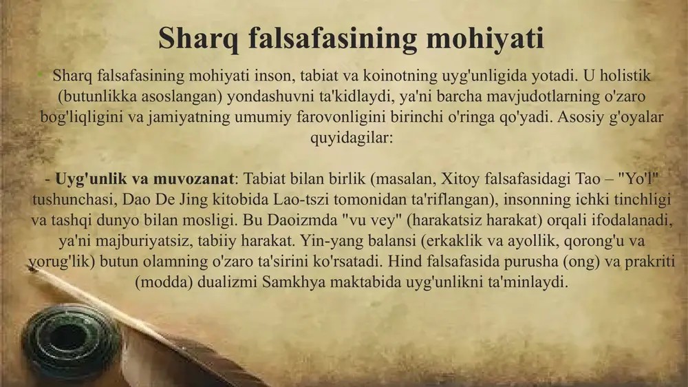 nishni o'rgatadi. uning ijtimoiy taraqqiyotdagi roli ulkan – u axloqiy asoslar, davlat tizimlari va madaniy islohotlarni shakllantirgan. bugungi global dunyoda sharq falsafasini qo'llash jamiyatlarni yanada adolatli va barqaror qilishi mumkin, masalan, interfaith dialoglarda (1893-yilgi jahon dinlari parlamenti) vivekananda ta'siri orqali. image7.jpeg image8.jpeg image9.jpeg image10.jpeg image11.jpeg image12.jpeg image3.png image4.png /docprops/thumbnail.jpeg
