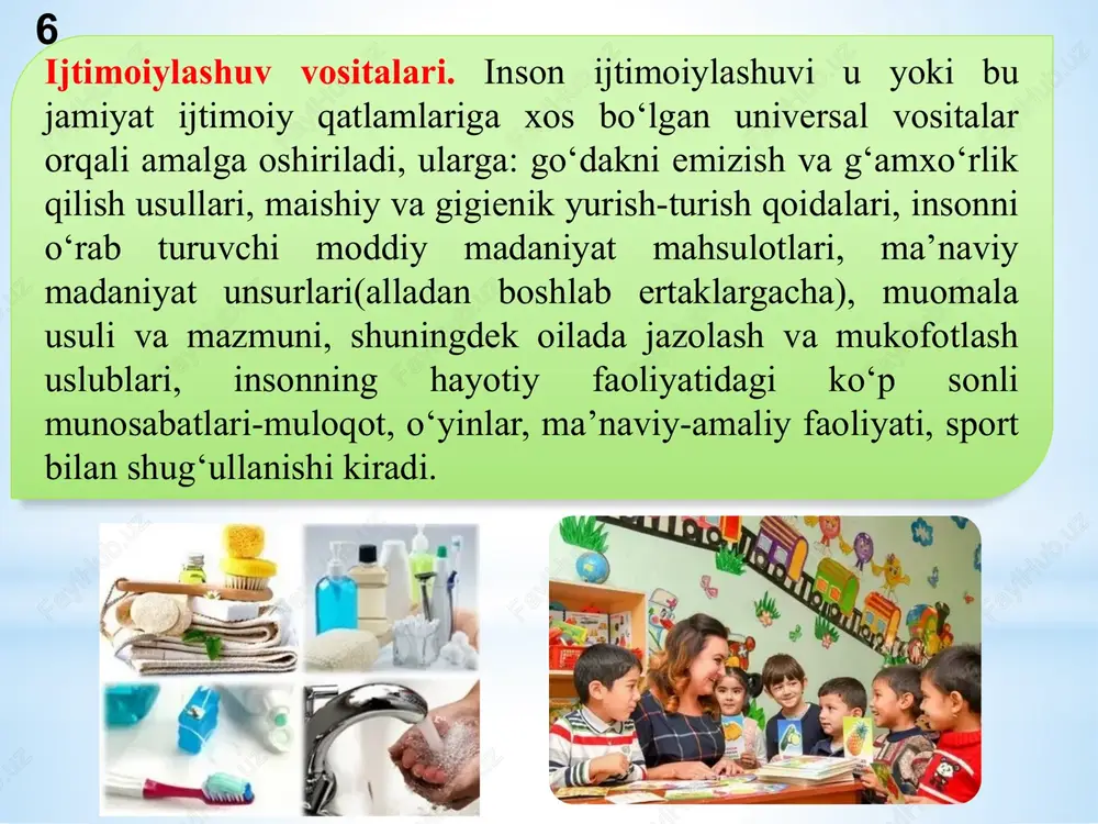 va bir-birini qo‘llab-quvvatlashni o‘rganadi. 20 bu qadriyatlar: dunyo madaniyatlari va jamiyatda shakllangan qadriyatlar; tarbiyachilar uchun xos qadriyatlar (masalan, pedagogik tajriba, axloqiy me’yorlar); har bir tarbiyalanuvchiga xos qadriyatlar (masalan, shaxsiy qiziqishlar, qobiliyatlar). ijtimoiy tarbiyaning birgalikdagi faoliyat tamoyili – bu tarbiyachi va tarbiyalanuvchi o‘rtasida qadriyatlar almashuvi jarayoni bo‘lib, u tenglikka emas, balki o‘zaro hurmat va samimiyatga asoslanadi. birgalikdagi faoliyat tamoyilida birinchi oʼrinda tenglik emas, balki oʼzaro hurmat va sofdillik turadi. ijtimoiy tarbiyaning birgalikdagi faoliyat tamoyili ijtimoiy tarbiyaning birgalikdagi faoliyat tamoyili bolalar va o‘smirlarning ma’naviy-ma’rifiy rivojlanishi tarbiyachi va tarbiyalanuvchi o‘rtasida qadriyatlar almashuvi orqali yuz beradi. 21 tarbiyaning davomiyligi tamoyilida tarbiya hech qachon tugamaydi, u inson hayotining barcha bosqichlarida davom etadi.inson o‘zini dunyo va jamiyat bilan munosabatda doimiy ravishda yangilab boradi. amalda nimani anglatadi? tarbiya shunday tashkil qilinishi kerakki, har bir yosh bosqichida inson o‘zini yangilash, qayta tarbiyalash imkoniyatiga ega bo‘lsin. masalan, kichik yoshda – odob va mehr, o‘smirlikda – mas’uliyat, katta yoshda – …