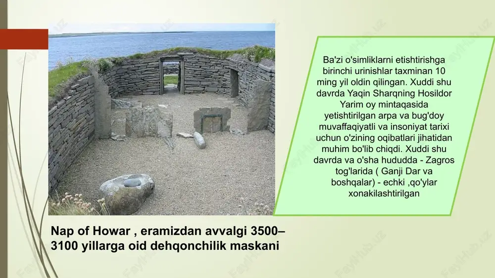 omoni yarim aylanali burj bilan kuchaytirilgan umumiy hajmi 0,3 ga. qal’a xandak bilan oʻrab olinib, kengligi 15 m, chuqurligi 3 m. markaziy inshootning birinchi qavati 8 xonadan iborat boʻlib, uning balandligi 8,5 m. tashqi devor avval paxsadan, keyin toʻrt tomoni teng xom gʻishtdan tiklangan, qalinligi 7,2 m. uy xonalarini ajratgan devor 0,6 – 1,9 m paxsa keyin xom gʻishtdan qurilgan. uy xonalari balandligi 3,6 m. ikkinchi qavat yopiq yoʻlak orqali davom etib, devorlari nayza oʻqi shinaklarga ega. sharqiy tomondan pandus orqali markaziy inshootga kirilgan boʻlib ikkinchi qavatda joylashgan. burjlar yon tomonga emas, balki inshoot devoridan birmuncha yuqoriga oʻsib chiqqan. darvoza tashqi devorning sharqiy tomonida joylashgan. yodgorlik s. p. tolstov rahbarligida xorazm ekspeditsiyasi xodimlari tomonidan topilib, 1951 – 1957-yillarda qazish ishlari olib borildi va olingan ashyolarga qarab, birinchi qavat mil. avv iv asrlarga oidligi aniqlangan. devor yaqinidan kengiligi 10 metr keladigan xandak utgan. yodgorlikda madaniy hayot milodiy iv asrda barham topgan. …