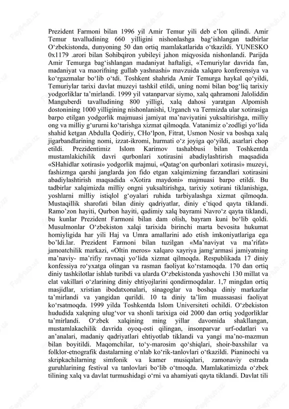 artlariga mos o‘quv dasturlari va darsliklari yaratildi. kadrlar tayyorlash milliy dasturini eng muhim, o‘zbekistonga xos xususiyati yangi turdagi 3 yillik o‘rta maxsus, kasb-hunar ta’limi tizimini yaratishdir. 1998-2004 yillar davomida zamonaviy o‘quv- laboratoriya uskunalari bilan jiho’zlangan 54 ta akademik litsey va 533 ta kasb-hunar kolleji barpo etildi. bu maqsadlar uchun 135 mlrd. so‘m mablag‘ sarflandi. o‘rta maxsus o‘quv yurtlariga zarur bo‘lgan jiho’zlar sotib olish uchun jalb qilingan chet el investitsiyalarining miqdori 150 mln. aqsh dollarini tashkil etdi. davlat ta’lim standartlari, o‘quv dasturlari ishlab chiqildi, amaliyotga kiritildi va darsliklar yaratildi. 2003-2004 o‘quv yilida akademik litseylarda 26,2 ming, kasb-hunar kollejlarida 531,6 ming o‘quvchi ta’lim oldi. oliy ta’lim tizimida katta o‘zgarishlar qilindi. oliy ta’lim ikki bosqichdan - bakalavriat va magistraturadan iborat etib qayta tashkil etildi. 62 ta oliy o‘quv yurtlarida ta’lim olayotgan bo‘lajak bakalavr va magistrantlar soni 2003-2004 o‘quv yilida 254400 nafarni tashkil etdi. 18486 nafar professor-o‘qituvchilar mehnat qilmoqdalar, ularning 1462 nafari fan doktori, …