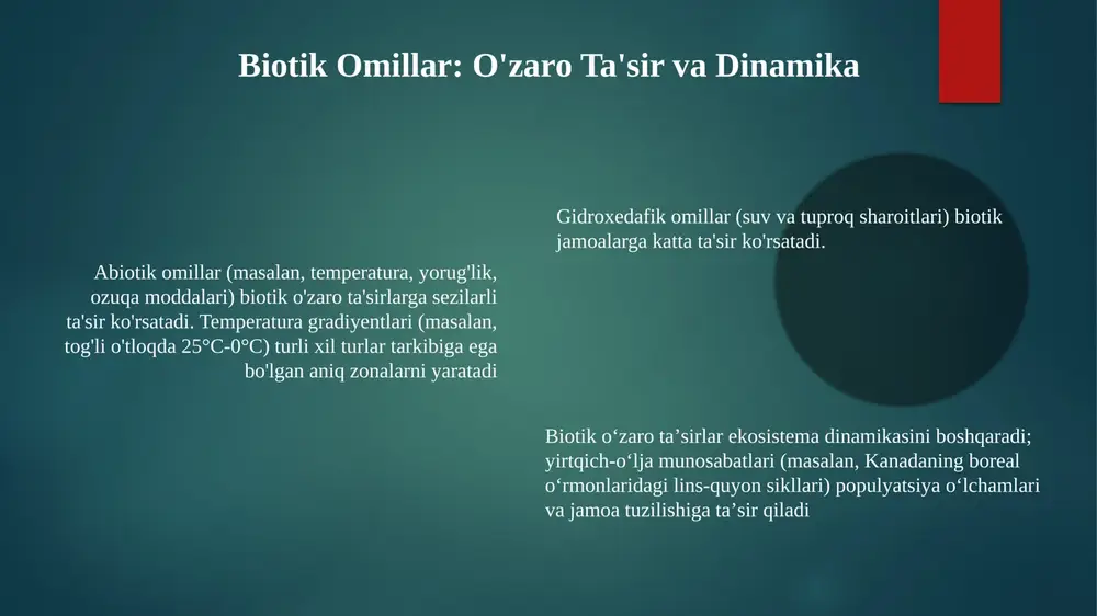 .0-7.5, yillik yog'ingarchilik 2000 mm) bog'liq serengeti milliy parkining (tanzaniya) ekosistema barqarorligi murakkab oziq-ovqat zanjiri o'zaro ta'siriga (sher: 1000 dona, antilopa: 1,5 million dona) bog'liq bo'lib, o'tloq biomasasining (2000 kg/ga) unumdorligiga ta'sir qiladi avlod almashinuvi va ekosistema rivojlanishi ekologik omillar ekosistema rivojiga ta'sir qiladi. biotik omillar (masalan, banff milliy bog'ida kiyik populyatsiyasining 30%ini qamrab olgan kasallik) turlar o'zaro ta'siri va jamoa tuzilishiga bevosita ta'sir qiladi suksessiya – turlar tarkibining vaqt o'tishi bilan yo'naltirilgan o'zgarishi, buzilishdan (masalan, yellouston milliy bog'idagi yong'in) keyin ro'y beradi chegarlovchi omillar va sig'im ekologik omillar, biotik (masalan, turlararo raqobat, 25% parazitizm) va abiotik (masalan, yillik yog'in 700 mm, shamol tezligi 20 m/s) omillar populyatsiya o'sishini bevosita ta'sir qiladi yellowstone milliy bog'ida populyatsiya o'sishini (masalan, 1000 ga o'rmonda 5000 kiyik) muhit omillari cheklaydi chegarovchi omillar, masalan, azot miqdori (ko'lda 10 mg/l) yoki uyali joylar soni (o'rmonda 200 ta mos daraxt) populyatsiya hajmini cheklaydi e'tiboringiz uchun rahmat @taqdimot_robot …
