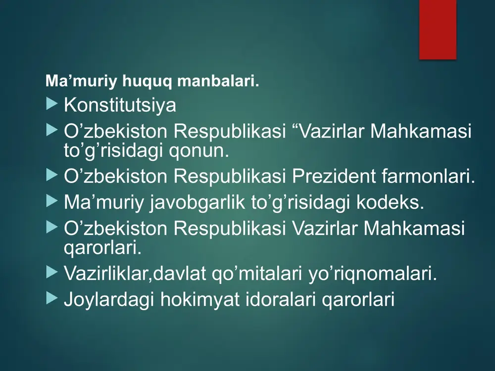 lat boshqaruv organlari (vazirliklar, qo‘mitalar, agentliklar), yuridik shaxslar (davlat va nodavlat tashkilotlari, jamoat birlashmalari, xususiy-tijoriy tashkilot, uyushma va jamiyatlar va boshq.) kiradi. ma’muriy huquq sub’ektlarini turlicha asoslarga ko‘ra tasniflab, turlarga ajratib o‘rganiladi. bu tasniflar orasida ma’muriy huquq sub’ektlarini yakka (individual) va jamoaviy (kollektiv) sub’ektlarga ajratish keng tarqalgan. xulosa: ma’muriy huquqda ijtimoiy soha – bu jamiyatning ijtimoiy barqarorligini, aholi farovonligini va inson manfaatlarini ta’minlashga qaratilgan tizimli faoliyat yo‘nalishidir. ushbu soha sog‘liqni saqlash, ta’lim, ijtimoiy himoya, bandlik, madaniyat va yoshlar siyosati kabi keng tarmoqlarni qamrab oladi. ijtimoiy sohani ma’muriy-huquqiy tartibga solishning mohiyati davlat boshqaruv organlarining ushbu yo‘nalishlarda aniq vakolat va majburiyatlarga ega bo‘lishi, normativ-huquqiy hujjatlar orqali tartibni belgilashi hamda fuqarolarning huquq va manfaatlarini kafolatlashidadir. davlat tomonidan ijtimoiy xizmatlarning sifatini oshirish, aholiga teng imkoniyatlar yaratish, kam ta’minlangan guruhlarni qo‘llab-quvvatlash va ijtimoiy adolatni ta’minlash maqsadida turli dasturlar va boshqaruv mexanizmlari tatbiq etiladi. bu esa ijtimoiy barqarorlikni mustahkamlash, davlat va jamiyat o‘rtasidagi o‘zaro ishonchni kuchaytirish …