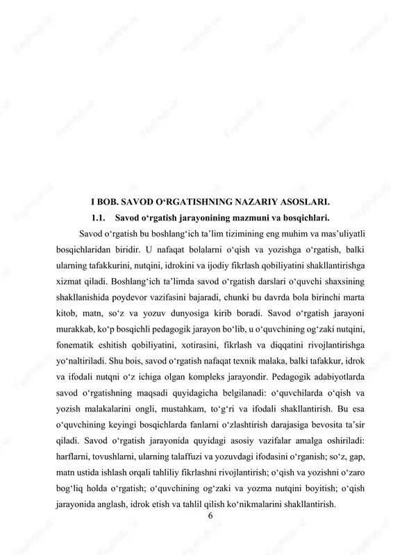 larni o‘zlashtirish darajasiga bevosita ta’sir qiladi. savod o‘rgatish jarayonida quyidagi asosiy vazifalar amalga oshiriladi: harflarni, tovushlarni, ularning talaffuzi va yozuvdagi ifodasini o‘rganish; so‘z, gap, matn ustida ishlash orqali tahliliy fikrlashni rivojlantirish; o‘qish va yozishni o‘zaro bog‘liq holda o‘rgatish; o‘quvchining og‘zaki va yozma nutqini boyitish; o‘qish jarayonida anglash, idrok etish va tahlil qilish ko‘nikmalarini shakllantirish. savod o‘rgatish jarayoni uch asosiy bosqichda amalga oshiriladi bular tayyorgalik, analitik-sintetik, mustahkamlash kabi uchta bosqichdan iborat. tayyorgarlik bosqichi bu bosqich o‘qish va yozishga tayyorgarlik jarayoni hisoblanadi. odatda bu davr 1-sinfning dastlabki 2–3 haftasini o‘z ichiga oladi. tayyorgarlik davrida o‘quvchilarda to‘g‘ri o‘tirish, ruchka tutish, daftar bilan ishlash, yozish chiziqlariga amal qilish, tovushlarni farqlash, so‘zlarni talaffuz qilish, eshitish va idrok etish qobiliyatlari shakllantiriladi. o‘qituvchi bu bosqichda o‘quvchilarda o‘qish va yozishga nisbatan ijobiy munosabat, qiziqish va motivatsiyani shakllantirishga e’tibor beradi. shu bilan birga, nutq organlarini faollashtirish, fonematik eshitishni rivojlantirish, tovushlar va so‘zlar ustida og‘zaki mashqlar bajarish muhim hisoblanadi. bu …