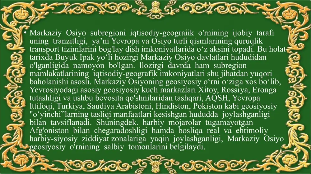 ortiq neft qazib oladi va katta qismini eksport qiladi. turkmaniston uchun esa iqtisodiyot va milliy boylikning negizi gaz sanoati hisoblanadi. bu mamlakat tabiiy gaz zaxiralari bo'yicha jahonda 4-, mdh- da 2-, markaziy osiyoda esa 1-o‘rinda turadi. dunyo bo'yicha zaxiralar hajmi jihatidan ikkinchi hisoblanadigan galqinish gaz koni ham turkmanistonda joylashgan. qozog'iston, o'zbekiston va turkmanistonda elektr energiyasi asosan ikslarda ishlab chiqariladi. yoqilg'i zaxiralariga boy bo'lmagan tojikiston va qirg'izistonda elektr energiyaning 90 foizdan ko'prog'i ieslarda ishlab chiqariladi qora metallurgiya markaziy osiyo davlatlari ichida qozog'istonda eng yaxshi rivojlangan. qozog'istonda bu tarmoqning asosiy korxonalari temir rudasining yirik konlari negizida qarag'anda (temirtov sh.) va qostanay (rudniy sh.) viloyatlarida joylashgan. rangli metallurgiya turkmaniston respublikasidan tashqari, barcha markaziy osiyo davlallarining iqtisodiyoti va tashqi savdosida katta ahamiyatga ega. jumladan, tojikiston uchun tursunzoda shahrida faoliyat ko'rsatayotgan alyuminiy zavodi. qirg'iziston uchun esa issiqko'l viloyatidagi qumtar oltin koni eng katta moliyaviy daromad keltiruvchi iqtisodiy obyektlar hisoblanadi. o'zbekiston oltin, uran, mis, kadmiy, qozog'iston …