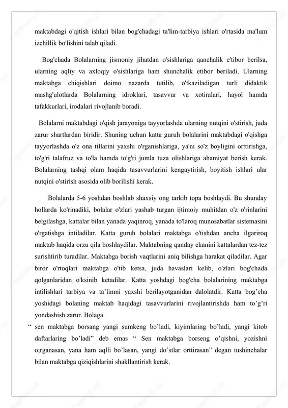 igi va taqlidchanligidir. bu yoshdagi bolalar tinimsiz harakatda bo’ladi va charchoqni kam his qilishadi. ularga narsalarni taqlid qilgan holda o’rgatishsa tushinishlari oson bo’ladi va xotirasida yaxshiroq saqlanadi. bog’cha yoshidagi bolada qiziqishlar juda yaxshi ishledigan bo’ladi. ularda hamma narsani bilib olishga ehtiyoj kuchayadi. ular har bir narsani yangilik sifatida ko’radi va bilib olishga intiladi. bu yoshdagi bolalarning hayotida va psixik o’sishida qiziqishning roli kattadir. qiziqish huddi ehtiyoj kabi bolaning biror faoliyatga undovchi omillardan biridir. shuning uchun ham bolada qiziqish bilish qobiliyati bilan bog’liq bo’lgan murakkab psixik jarayon hisoblanadi. bola kamol topishida qiziqishning roli shunday muhimki, bola biror narsaga qiziqsa uni chuqurroq o’rganishga, bilishga intiladi va qiziqqan narsasi bilan uzoq muddat shug’illansa ham zerikmaydi. shuning uchun ham bola ongini yaxshi narsalar bilan rivojlantirish kerakki, qiziqayotgan narsasi bolani aqlan va jismonan foyda keltiradigan bo’lishi kerak. bolaning yoshi kattalashgani sari mustaqillikka intiladi. uni boshqarishlari yoqmay, o’zi harakat qilishni xoxlaydi. atrofidagi narsa va hodisalar haqida …