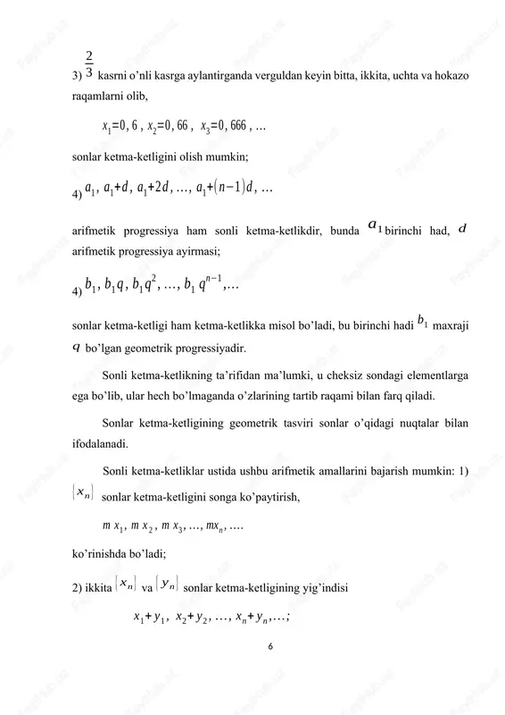 i. limitning ta’rifiga misol qaraymiz. limitning ta’rifidan foydalanib, ekanligini ko’rsatamiz. istalgan son olamiz. bo’lganligi uchun, tengsizlikni qanoatlantiruvchi larning qiymatini topish, tengsizlik bilan bog’liq va bo’ladi. shuning uchun sifatida sonning butun qismini olish mumkin, ya’ni bњladi. bu holda tengsizlik hamma lar uchun bajariladi. masalan, bo’lsin, bu holda bo’lsin. bunda bo’lib, . shunday qilib =10 dan boshlab, hamma lar uchun tengsizlik bajariladi. demak, tenglik o’rinli bo’ladi. boshqa bir necha lar olib, qaysi raqamlardan boshlab, tengsizlikning bajarilishini ko’rsatishni o’quvchiga havola etamiz. eslatma 1. sonlar ketma-ketligi biror limitga ega bo’lsa, uni cheksiz kichik miqdor ko’rinishida ifodalash mumkin, chunki son uchun shunday topiladiki, lar uchun tengsizlik bajariladi. shuning uchun limitga ega bo’lgan sonlar ketma-ketligini ko’rinishda ifodalash mumkin, bunda cheksiz kichik ketma-ketlik.[footnoteref:2] [2: t. azlarov, x. mansurov “matematik analiz”, t.: o'qituvchi, 1-qism, 1989.] 2-ta’rif. biror musbat son bo’lsin. tengsizlik hamma lar uchun bajarilsa, sonlar ketma-ketligi nuqtaning atrofida deyiladi. 2-eslatma. ma’lumki tengsizligi yoki tengsizlik bilan teng kuchli …