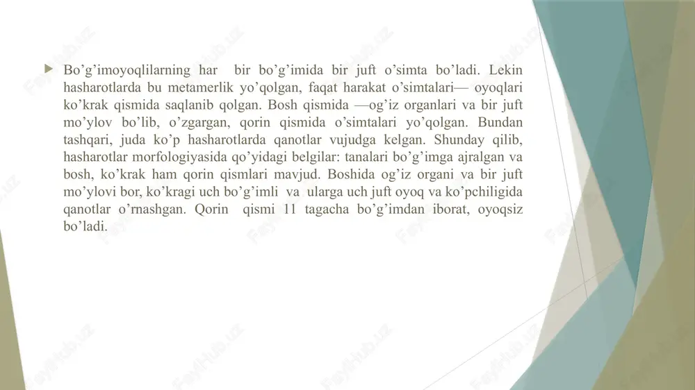 zlar oralig’ida (uchburchak shaklida), odatda uch dona bo’ladi. bu xil ko’zlar yaxshi uchadigan, harakatchan hasharotlarga (to’g’ri qanotlilar, parda qanotlilar, ninachilar, suvaraklar va b.) mansubdir. oddiy ko’zlar murakkab ko’zlarning fotokinetik reaktsiyasini kuchaytirish vazifasini o’taydi, shuningdek yorug’likning jadalligini sezadi. hasharotlar ko’zlari yordamida shaklni, harakatni, rangni va o’zidan narsagacha bo’lgan masofani, shuningdek qutblashgan yorug’likni ajratadi. hasharotlarning ko’p turlari uzoqni ko’rmaydigan bo’ladi va uzoqdan turib faqat harakatni ajratadi. bu hodisa ko’p tajribalar asosida tasdiqlangan. ko’pchilik hasharotlar qizil tusli yorug’likni ko’rmaydi, ammo ular umurtqali hayvon va odamdan farq qilib ultra binafsha nurlanishni ko’radi va unga parvona bo’ladi. ko’pgina kunduzgi hasharotlarda quyosh nurlarining yo’nalishiga qarab harakatni o’zgartirish, ya’ni quyosh kompasi bo’yicha harakatlanishi aniqlangan, shu boisdan tungi hasharotlar yorug’likka tomon uchadi. sun’iy yorug’lik manbaining yorug’lik nurlari radial holatda taraladi. hasharot tuzilishining sxemasi. bosh, ko’krak(kuk), qorincha(k) qismlari. oldingi va orqa qanotlari hamda oldingi, o’rta, orqa oyoqlar. ht-nafas teshiklari, k-ko’z, b-burti, o-og’iz, t toscha, u-o’ynog’ich, s-son, b- boldir, p-panja, …