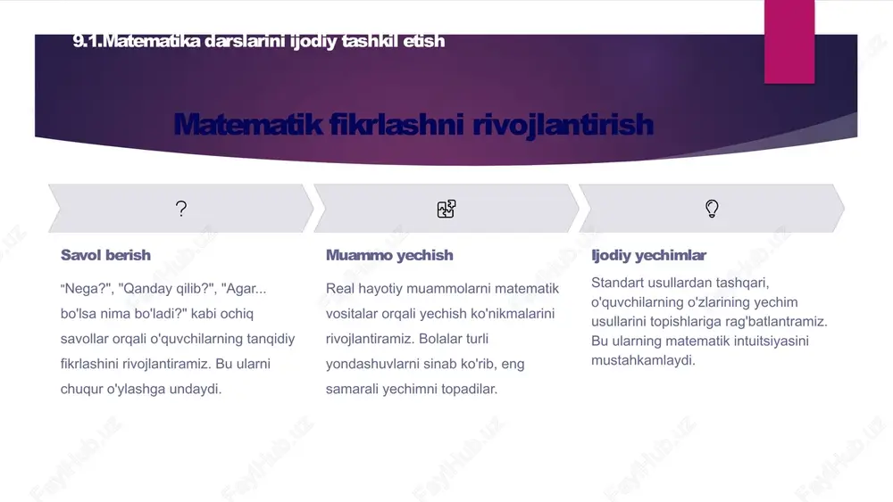 angilanish matematik faktlar, qiziqarli masalalar va yangi topilmalar bilan oylik katta yangilanish mavzu o'zgarishi bilan asosiy materiallarni almashtirish mavsumiy bezatish bayram va mavsumiy tadbirlarga mos keladigan matematik materiallar yil oxiri tahlili eng samarali materiallarni aniqlash va keyingi yil uchun rejalashtirish 9.4.ko'rgazmalar tashkil qilish 20 raqamli texnologiyalarning afzalliklari zamonaviy vositalar raqamli texnologiyalar matematika ta'limini yangi darajaga olib chiqadi. interactive doska, planshetlar, matematik dasturlar va onlayn resurslar orqali o'quvchilar yangi usulda o'rganadilar. bu vositalar abstrakt tushunchalarni vizual qilishga yordam beradi. vizualizatsiya matematik jarayonlarni ko'z bilan ko'rish interaktivlik faol ishtirok va amaliy mashg'ulotlar individual yondashuv har bir bolaning ehtiyojiga moslashish 9.5.matematik texnologiyalar 21 matematik ilovalar va dasturlar hisoblash o'yinlari qo'shish, ayirish, ko'paytirish va bo'lish amallarini o'yin shaklida o'rganish uchun maxsus ishlab chiqilgan ilovalar. bu dasturlar o'quvchilarni rag'batlantirish uchun mukofotlar va yutuqlar tizimiga ega. geometriya dunyosi geometrik shakllar, o'lchamlar va fazoviy tasavvurlarni rivojlantirish uchun interaktiv dasturlar. bolalar 3d shakllarni aylantirib ko'rishi va ularning xususiyatlarini …
