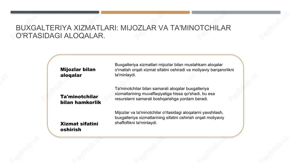 ndensiyalar. raqamli inqilob o'zbekistonda raqamli inqilob buxgalteriya xizmatlarini tezlashtirmoqda, bu esa hisobotlarni avtomatlashtirish va kelishuvlarni soddalashtirish imkonini beradi. bulutli xizmatlar bulutli hisoblash xizmatlari o'zbekistonda keng tarqalmoqda, bu esa ma'lumotlarni xavfsiz saqlash va ularga istalgan joydan kirish imkoniyatini taqdim etadi. ai va tahlil sun'iy intellekt va ma'lumotlarni tahlil qilish texnologiyalari buxgalteriya xizmatlarini yanada samarali va aniq qilishda davom etmoqda, qaror qabul qilish jarayonlarini yaxshilaydi. xulosa 1 buxgalteriya xizmatining ahamiyati buxgalteriya xizmatlari moliya boshqaruvining asosiy jihatidir. ular ta'minlash, mijozlar bilan aloqalarni mustahkamlash va shaffoflikni ta'minlashda muhim rol o'ynaydi. 2 innovatsion yondoshuvlar o'zbekistonda buxgalteriya xizmatlarida innovatsion texnologiyalarni joriy etish, xususiy sektorning samaradorligini oshirib, moliya shaffofligini kuchaytirishga yordam beradi. 3 rivojlanish istiqbollari o'zbekistondagi buxgalteriya xizmatlari va moliya boshqaruvi uchun istiqbollar kuchli rivojlanish, yangi imkoniyatlar va raqobatbardosh afzalliklarni taqdim etadi. e'tiboringiz uchun rahmat! image1.png image2.jpg image3.jpg image4.jpg /docprops/thumbnail.jpeg