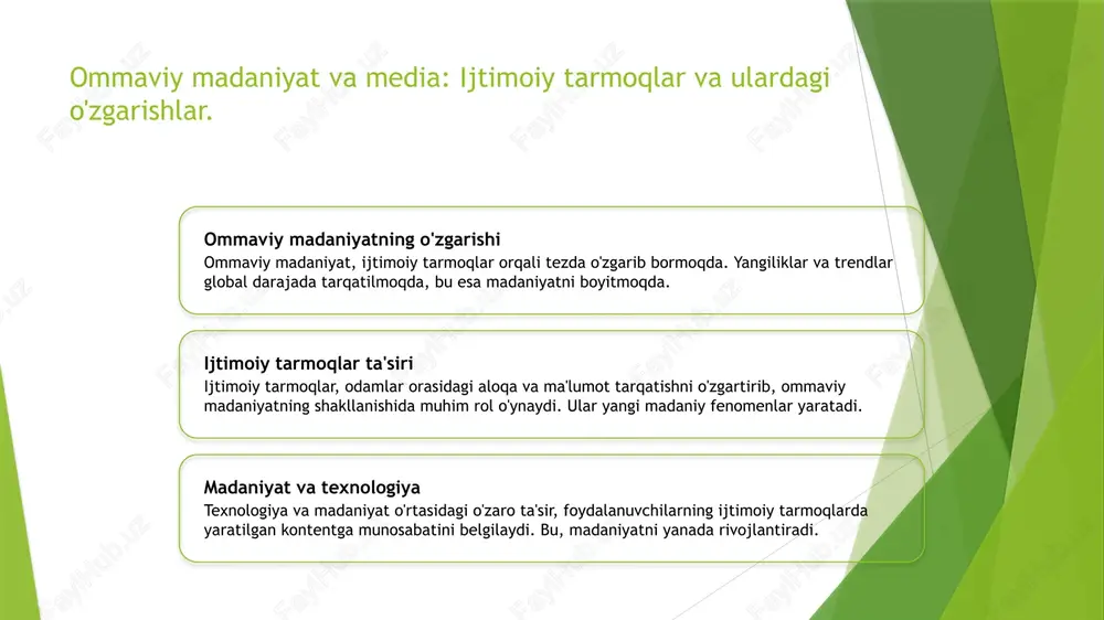 ivojlanib, mustaqil o'zbekiston davrida yangi bosqichga o'tdi. bugungi kunda o'zbek mediasi raqamli platformalarda faoliyat yuritadi, ijtimoiy tarmoqlar orqali aholi bilan bevosita aloqani ta'minlaydi va ta'sir ko'rsatadi. o'zbek mediasi milliy madaniyat va identitetni saqlashda muhim rol o'ynaydi, xalqning urf-odatlari va qadriyatlarini ommalashtiradi. texnologik o'zgarishlar va ijtimoiy munosabatlar. 1 texnologik o'zgarishlar texnologik o'zgarishlar, xususan, internet va mobil qurilmalar orqali aloqa usullarini o'zgartiradi, bu esa ijtimoiy munosabatlarni yangi shakllarga olib keladi. 2 ijtimoiy o'zgarishlar ijtimoiy o'zgarishlar texnologiyalarning rivojlanishi bilan birga, insonlar o'rtasidagi munosabatlarni kuchaytiradi va yangi ijtimoiy guruhlar paydo bo'lishiga sabab bo'ladi. 3 axborot almashinuvi axborot almashinuvi tezkorligi ijtimoiy munosabatlarni osonlashtiradi, bu esa odamlarning fikr va g'oyalarini tezda tarqatish imkonini beradi. 4 madaniyat va texnologiya madaniyat va texnologiya o'rtasidagi bog'liqlik, yangi madaniyatlar va an'analar shakllanishiga olib keladi, bu esa ijtimoiy munosabatlarni yanada boyitadi. media madaniyati va fuqarolik jamiyatidagi ahamiyati. 1 media madaniyati media madaniyati, jamiyatning madaniyati va qadriyatlarini shakllantiruvchi muhim omil hisoblanadi. bu …