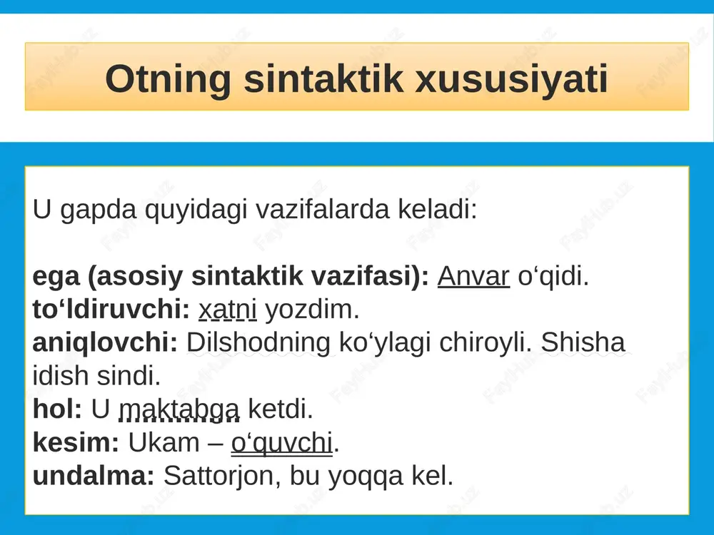. tahlilning bosqichlari: boshlang‘ich holat: "yetti" faqat sonni bildiradi, ya’ni miqdor ma’nosini anglatadi (yetti ta qush). grammatik shakllanish: "-da" qo‘shimchasi bilan kelganda, "yetti" vaqtni yoki holatni ifodalaydigan otga aylanadi (yettida ko‘rishamiz). yangi sintaktik funksiya: otga aylangan so‘z gapda vaqtni bildiruvchi aniqlovchi vazifasini bajaradi. qo‘shimcha misollar: "o‘n" (son) → "o‘nda boshlaymiz" (ot). "uch" (son) → "uchda kelamiz" (ot). "besh" (son) → "beshda to‘xtaymiz" (ot). ko‘makchi so‘zlardan boshqa turkumlarga o‘tish jarayonning sabablari: ma’noning kengayishi yoki abstraktlashuvi: dastlab "oldin" so‘zi vaqtni ifodalovchi ravish sifatida ishlatiladi (u bu ishni oldin qilgan). ammo "oldin gapirish kerak" jumlasida u vaqtni ifodalovchi otga aylanadi, ya’ni "birinchi navbatda" degan tushunchani bildiradi. sintaktik vazifaning o‘zgarishi: ravishning otga aylanishi gapdagi boshqa so‘zlar bilan bog‘liq. bu yerda "oldin" nafaqat vaqtni, balki hodisaning ustuvorligini bildiradi va otga xos bo‘lgan rolni bajaradi. tahlilning bosqichlari: boshlang‘ich holat: "oldin" vaqtni bildiruvchi ravish bo‘lib ishlatiladi. ma’no kengayishi: jumla tarkibida "oldin" umumiy tushuncha yoki hodisa sifatida ishlatilganda, …