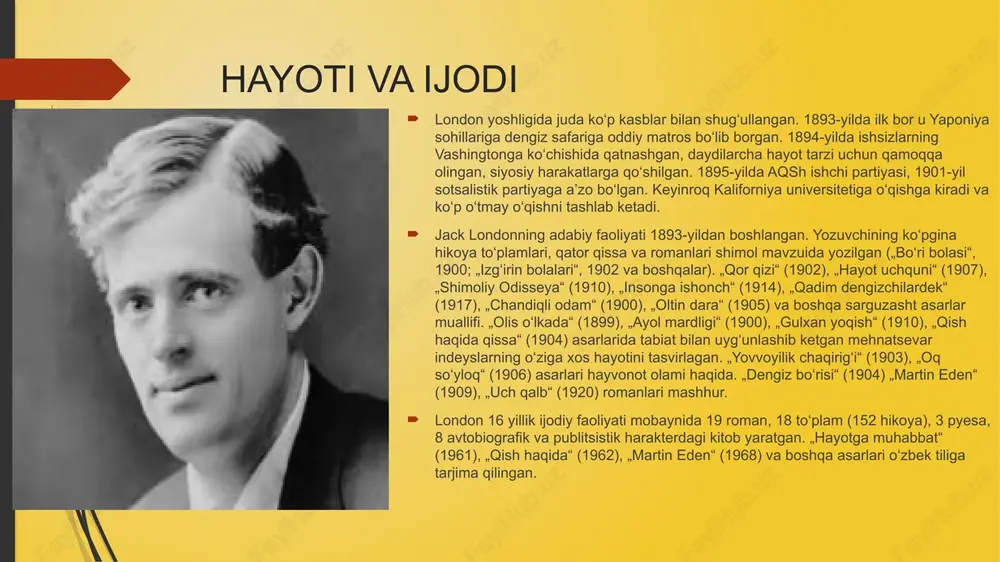kir hoshimov 2013-yil, 24-may kuni, 71 yoshida olamdan oʻtdi. toshkentning doʻmbirobod masjididagi juma namozidan keyin yozuvchi jasadi tuproqqa berildi. jack londonning " martin iden “badiiy asarda mavjud obraz turlari jek londonning eng ko'zga ko'ringan asarlaridan biri bo'lgan "martin eden" hikoyada muhim rol o'ynaydigan bir necha turdagi personajlarni o'z ichiga oladi: martin eden : romanning bosh qahramoni martin yosh, o'qimagan dengizchi sifatida yozuvchi bo'lishni orzu qiladi. u shuhratparast, harakatchan va o'zini yaxshilashga ishtiyoqlidir. hikoya davomida u sinf, sevgi va orzulariga erishish masalalari bilan kurashar ekan, ham intellektual, ham hissiy jihatdan o'zgarishlarni boshdan kechiradi. rut morse : rut martinning sevgisi va martin qo'shilishni orzu qilgan yuqori sinf jamiyatining vakili bo'lib xizmat qiladi. u nafis, madaniyatli va dastlab martinning xom energiyasi va salohiyatiga maftun bo'ladi. biroq, ularning turli kelib chiqishi va qadriyatlari munosabatlarida sezilarli to'siqlarni keltirib chiqaradi. brissenden : brissenden beadab, alkogolli yozuvchi bo'lib, martinning ustozi va do'stiga aylanadi. u martinga o'zining yozish …
