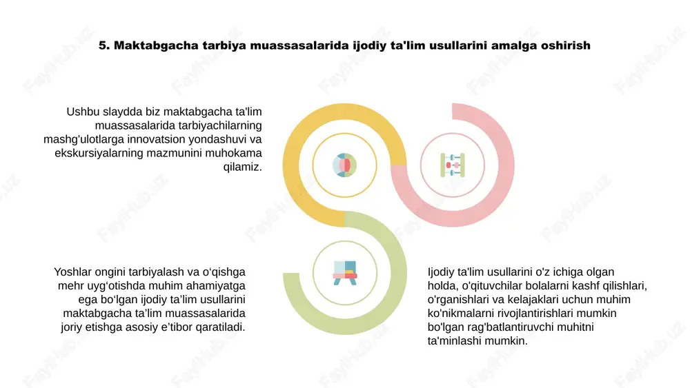 daniy elementlarni kiritishni maqsad qilgan. ushbu yondashuv yanada qamrab oluvchi va tushunish muhitini yaratishga yordam beradi. madaniy xabardorlikni maktabgacha ekskursiya faoliyatiga qo'shish orqali o'qituvchilar dunyoni kengroq tushunishga yordam berishlari va yosh bolalarda turli madaniyatlarni qabul qilish va hurmat qilishni rag'batlantirishlari mumkin. 14. pedagogning mashg`ulotga yondashuvi samaradorligini baholash erta yoshdagi bolalar ta'limining dinamik sohasida o'qituvchilarning ta'limga innovatsion yondashuvi yosh bolalar uchun ta'lim tajribasini shakllantirishda hal qiluvchi rol o'ynaydi. maktabgacha ta'lim muassasalarida ekskursiyaning mazmuni bolalarning kognitiv, ijtimoiy va hissiy rivojlanishini yaxshilash uchun puxta ishlab chiqilgan. pedagogning mashg‘ulotlarga bo‘lgan yondashuvi samaradorligini baholash o‘quv jarayonining qiziqarli, ta’sirchan va bolalarning ehtiyojlariga mos kelishini ta’minlash uchun muhim ahamiyatga ega. 1 2 3 15. ekskursiyalar davomida til va savodxonlikni rivojlantirish pedagogning maktabgacha ta’lim muassasalarida o‘qitishga innovatsion yondashuvi ekskursiyalar davomida til va savodxonlikni oshirishga qaratilgan. interfaol va amaliy mashg'ulotlarni o'z ichiga olgan holda, o'qituvchi til va savodxonlik ko'nikmalarini rivojlantirishga yordam beradigan dinamik o'quv muhitini yaratadi. ekskursiyalar qiziqarli tajribalar, …
