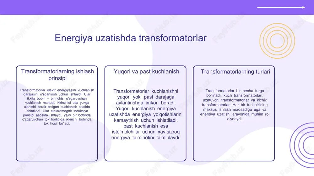 a. transformatorlar va energiya samaradorligi kuch transformatorlari elektr energiyasini uzatishda muhim rol o'ynaydi. ular kuchlanishni oshirish yoki kamaytirish orqali energiya yo'qotishlarini kamaytirishga yordam beradi. samarali kuch transformatorlari energiya tizimlarining umumiy samaradorligini oshiradi va bu orqali energiya iste'molini optimallashtirishga xizmat qiladi. shuningdek, ular ishlash jarayonida minimal energiya sarfini ta'minlab, atrof-muhitga ijobiy ta'sir ko'rsatadi. photo by christopher gower on unsplash kelajakda transformatorlar yangi texnologiyalar transformatorlar kelajakda yangi texnologiyalar bilan yangilanadi, masalan, aqlli transformatorlar energiya taqsimoti va monitoringni yaxshilashga yordam beradi. bu texnologiyalar, shuningdek, energiya samaradorligini oshirish va kuchlanishning barqarorligini ta'minlash imkonini beradi. innovatsiyalar innovatsiyalar transformatorlarning dizaynini va ishlashini yanada takomillashtirishda muhim rol o'ynaydi. yuqori samaradorlik va barqarorlikni ta'minlaydigan yangi materiallar va metodlar ishlab chiqilmoqda, bu esa energiya iste'molini kamaytirishga olib keladi. energiya samaradorligini oshirish energiya samaradorligini oshirish uchun transformatorlarni optimallashtirish va ulardan foydalanish jarayonida ilg'or texnologiyalarni joriy etish zarur. shuningdek, energiya yo'qotishlarini kamaytirish va qayta tiklanadigan energiya manbalaridan foydalanish muhimdir. energiyani tejash …
