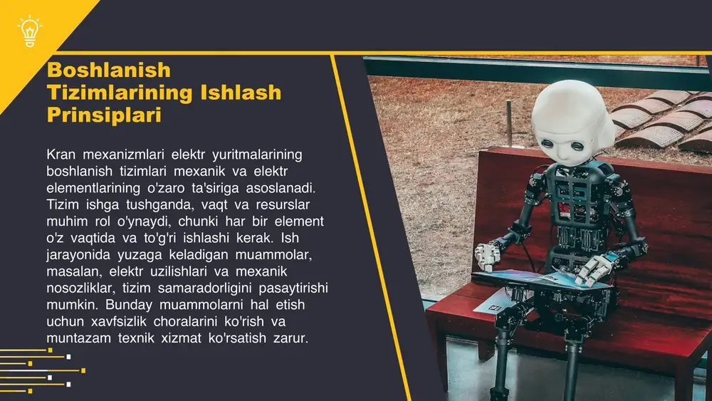 hda asosiy omil hisoblanadi. kran mexanizmlarida innovatsion yechimlarni amalga oshirish uchun zarur bo'lgan choralar, samaradorlikni oshirish va xavfsizlikni ta'minlashga qaratilgan. kelajakda raqobatbardosh bo'lish uchun korxonalar o'z jarayonlarini doimiy ravishda takomillashtirishlari zarur. photo by lukas bato on unsplash xulosa boshlanish tizimlari mexanizmlar va elektr yuritmalar uchun muhim ahamiyatga ega. ular kran mexanizmlarining samaradorligini oshirishda muhim ahamiyatga ega. kran mexanizmlarining turli turlari va ularning boshlanish tizimlaridagi roli ko'rildi. har bir tur uchun o'ziga xos yondashuvlar va muammolar mavjud. xavfsizlik mezonlari va samaradorlikni oshirish uchun innovatsion yondashuvlar taqdim etildi. bu yondashuvlar kran mexanizmlarining ishonchliligini ta'minlaydi. kelajak istiqbollari va yangi texnologiyalar kran mexanizmlarida qo'llanilishi zarur. hamma muammolarni hal qilish va samaradorlikni oshirish uchun innovatsion yechimlarni joriy etish muhimdir. foydalanilgan adabiyotlar 1. aliyev a. 'kran mexanizmlarining elektr yuritmalari: samaradorlik va boshlanish tizimlari'. o'zbekiston milliy universiteti, 2022 2. siddiqov sh. 'boshlanish tizimlarining ishlash prinsiplari va xavfsizlik mezonlari'. o'zbekiston texnika universiteti, 2021 3. valiyev m. 'innovatsion texnologiyalar …