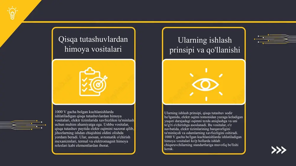 bartaraf etish va elektr qurilmalarini tashqi ta'sirlardan himoya qilishda muhimdir. izolyatsiya uchun ko'pincha polimer materiallar, masalan, pvc va xlpe ishlatiladi. ekran himoyasida esa, metall qoplamalar yoki o'zaro joylashgan simlar qo'llaniladi. bu materiallar, 1000 v gacha bo'lgan kuchlanishlarda xavfsizlikni ta'minlash va elektr jihozlarini himoya qilishda muhim ahamiyatga ega. ximoya vositalarini saqlash va xizmat ko'rsatish qoidalariga qat'iy rioya qilish zarur. bu xavfsizlikni oshirish va xavf-xatarlarni kamaytirish uchun zarurdir. har bir vosita o'zining ishlatilishiga qarab, o'ziga xos parvarish va saqlash shartlariga ega. ximoya vositalarini to'g'ri kiyish, ularni muntazam ravishda tekshirish va zaruriy xizmat ko'rsatish va saqlash xavfsizlikni ta'minlash uchun muhimdir. har bir ishchi xodim o'zining ximoya vositalarini to'g'ri tanlab, ularni har doim ishga kirishdan oldin tekshirib chiqishi lozim. ximoya vositalarini ishlatish qoidalari amaliyotda ximoya vositalarini ishlatish ximoya vositalarini sinovdan o'tkazish ximoya vositalarini sinovdan o'tkazish jarayoni, ularning samaradorligini baholash va xavfsizlik ko'rsatkichlarini aniqlashda muhim ahamiyatga ega. sinovlar orqali vositalarning xavfsizligi va ishonchliligi tasdiqlanadi. masalan, …