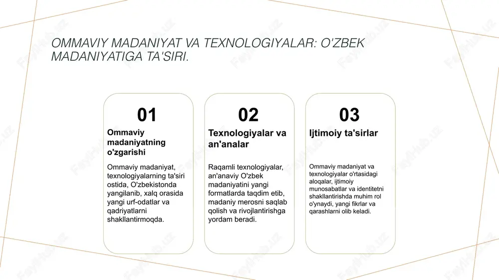 o'ynaydi, xalqning urf-odatlari va qadriyatlarini ommalashtiradi. texnologik o'zgarishlar va ijtimoiy munosabatlar. 1 texnologik o'zgarishlar texnologik o'zgarishlar, xususan, internet va mobil qurilmalar orqali aloqa usullarini o'zgartiradi, bu esa ijtimoiy munosabatlarni yangi shakllarga olib keladi. 2 ijtimoiy o'zgarishlar ijtimoiy o'zgarishlar texnologiyalarning rivojlanishi bilan birga, insonlar o'rtasidagi munosabatlarni kuchaytiradi va yangi ijtimoiy guruhlar paydo bo'lishiga sabab bo'ladi. 3 axborot almashinuvi axborot almashinuvi tezkorligi ijtimoiy munosabatlarni osonlashtiradi, bu esa odamlarning fikr va g'oyalarini tezda tarqatish imkonini beradi. 4 madaniyat va texnologiya madaniyat va texnologiya o'rtasidagi bog'liqlik, yangi madaniyatlar va an'analar shakllanishiga olib keladi, bu esa ijtimoiy munosabatlarni yanada boyitadi. media madaniyati va fuqarolik jamiyatidagi ahamiyati. 1 media madaniyati media madaniyati, jamiyatning madaniyati va qadriyatlarini shakllantiruvchi muhim omil hisoblanadi. bu orqali fuqarolar o'z fikr va hissiyotlarini ifodalash imkoniga ega bo'lishadi. 2 fuqarolik jamiyati fuqarolik jamiyati, ijtimoiy aloqalar va demokratik jarayonlar orqali, media madaniyatining shakllanishida muhim rol o'ynaydi. u erkin fikr almashish va ishtirok etishni rag'batlantiradi. …